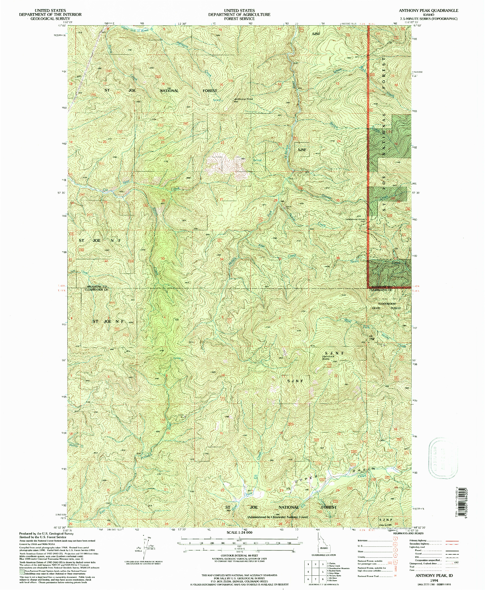 USGS 1:24000-SCALE QUADRANGLE FOR ANTHONY PEAK, ID 1994