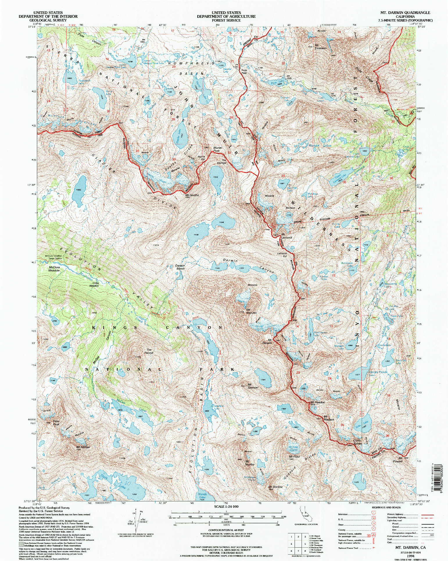 USGS 1:24000-SCALE QUADRANGLE FOR MT. DARWIN, CA 1994