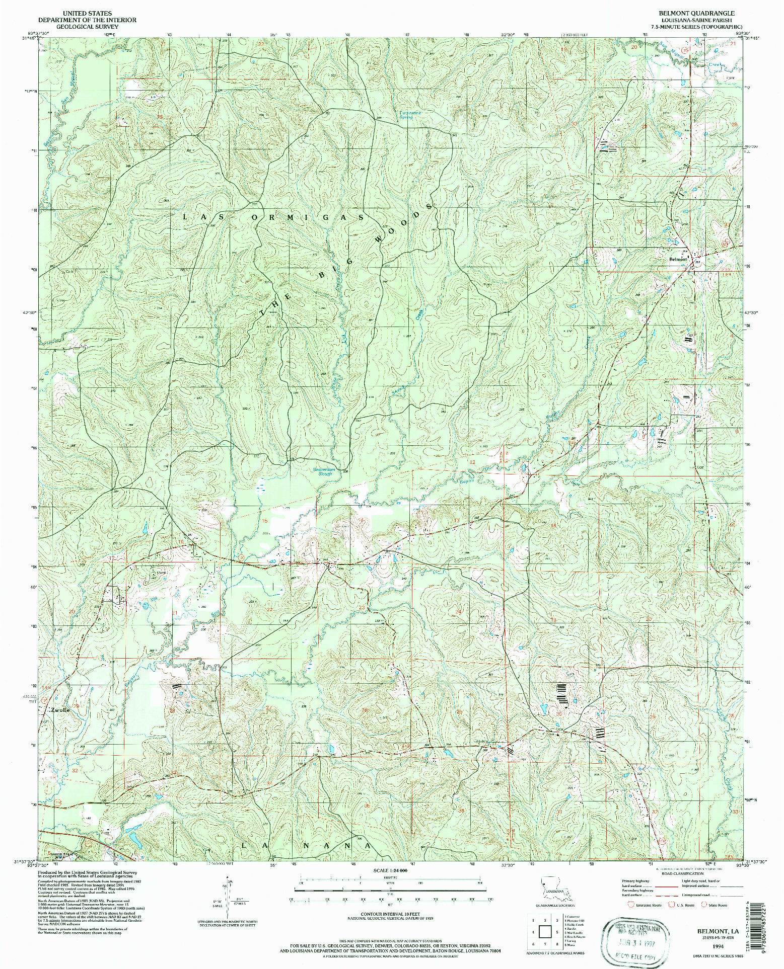 USGS 1:24000-SCALE QUADRANGLE FOR BELMONT, LA 1994