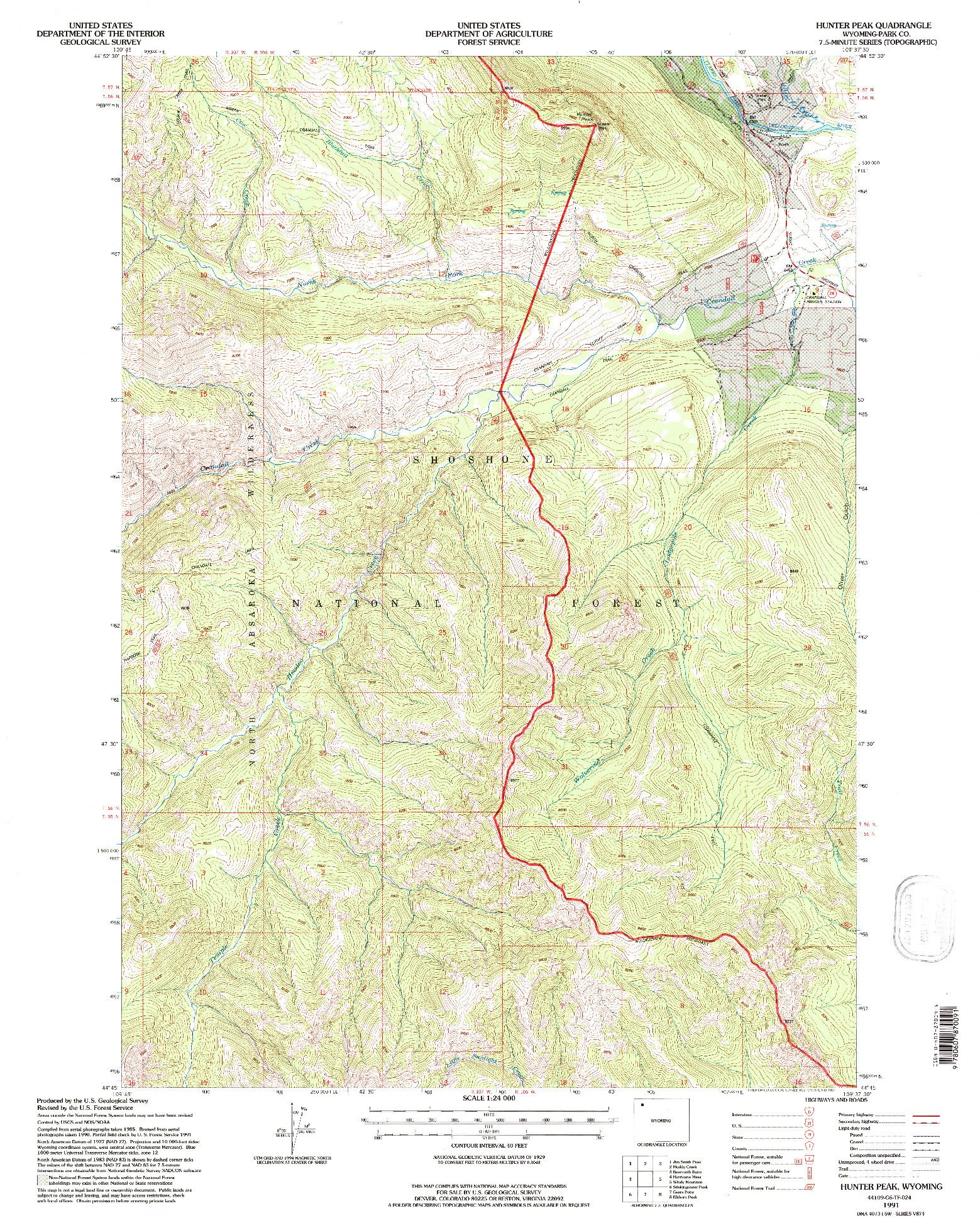 USGS 1:24000-SCALE QUADRANGLE FOR HUNTER PEAK, WY 1991