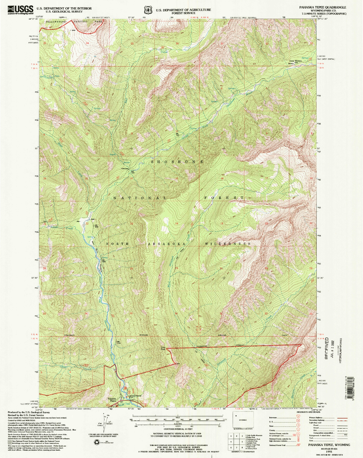 USGS 1:24000-SCALE QUADRANGLE FOR PAHASKA TEPEE, WY 1991