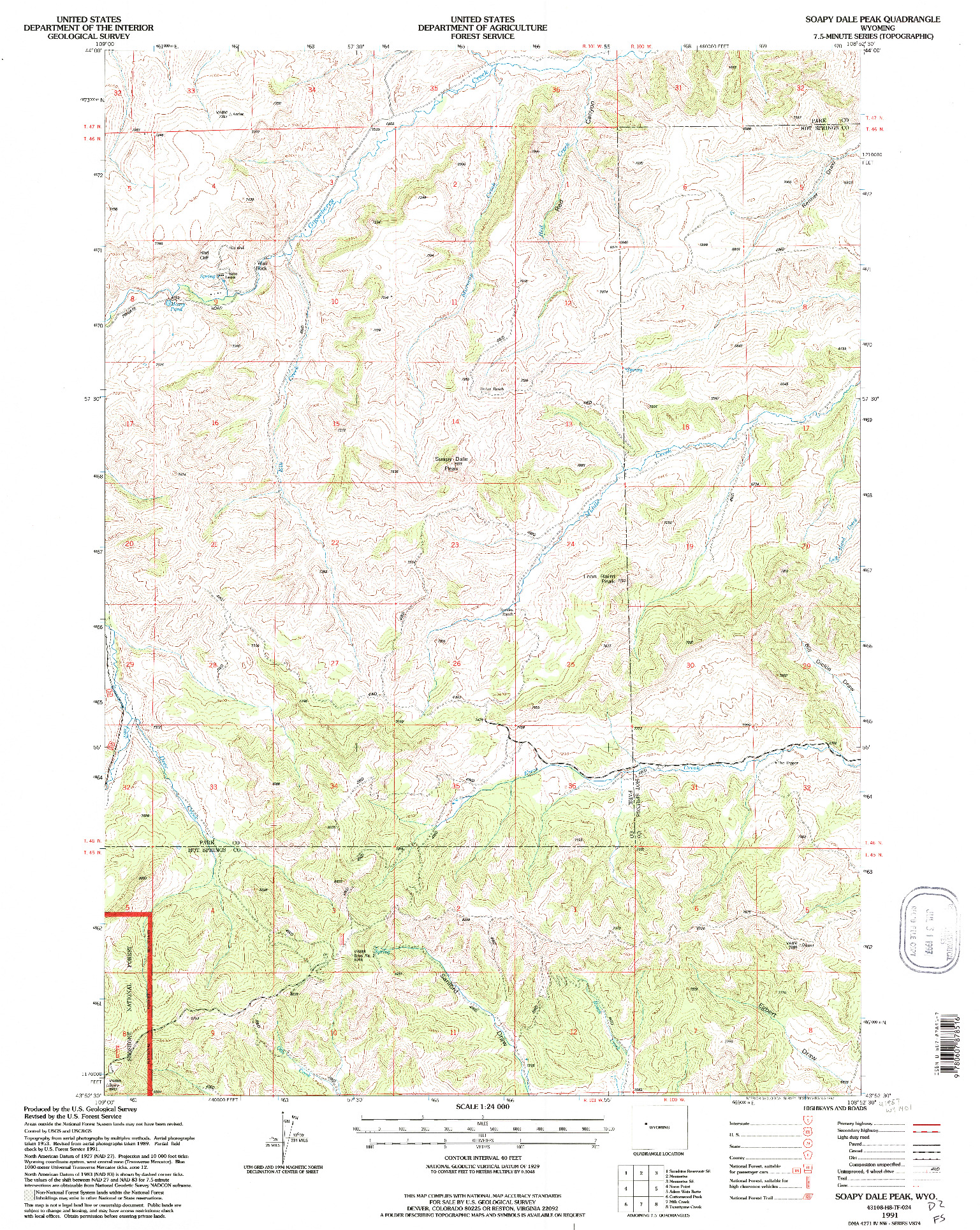 USGS 1:24000-SCALE QUADRANGLE FOR SOAPY DALE PEAK, WY 1991