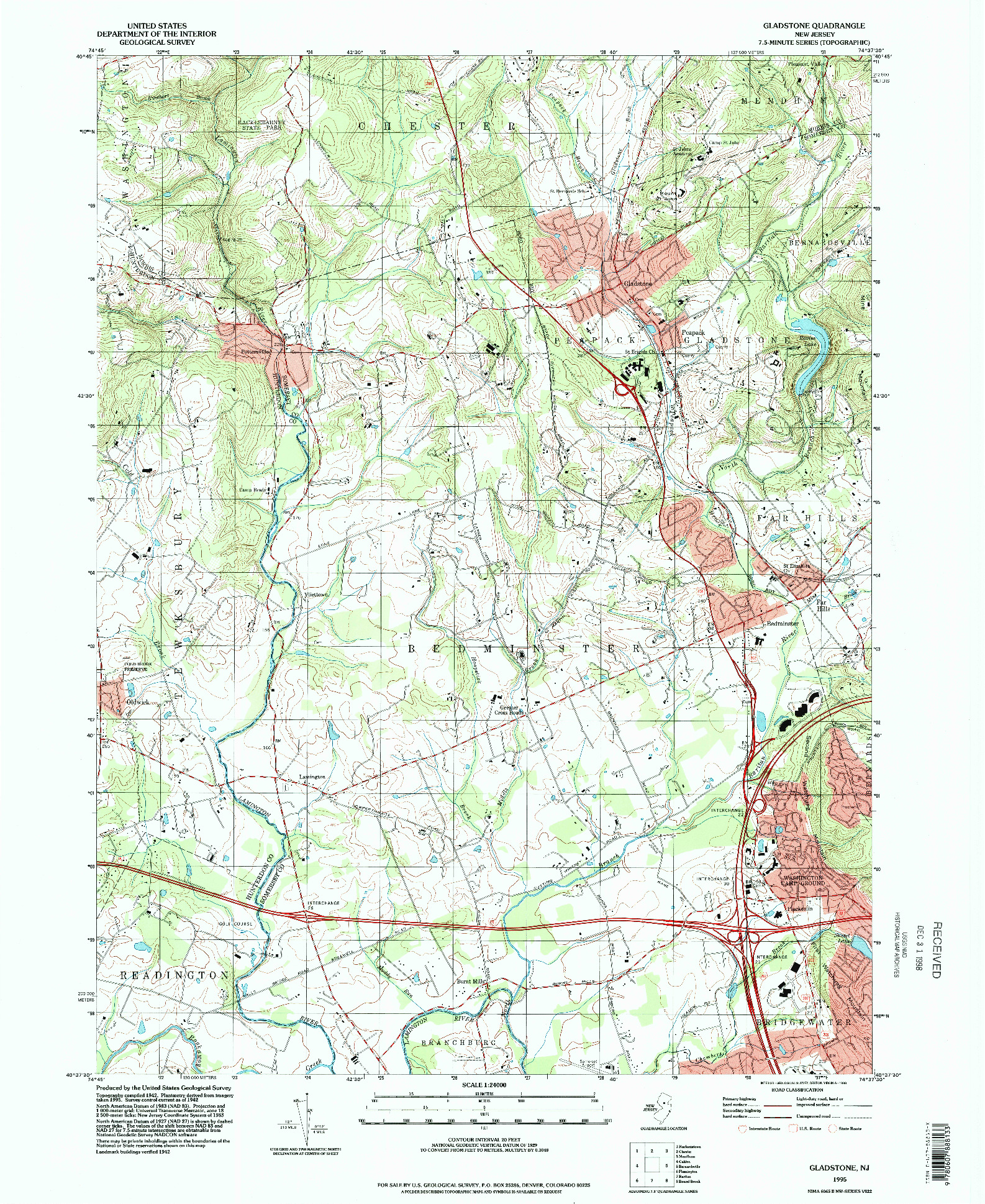 USGS 1:24000-SCALE QUADRANGLE FOR GLADSTONE, NJ 1995