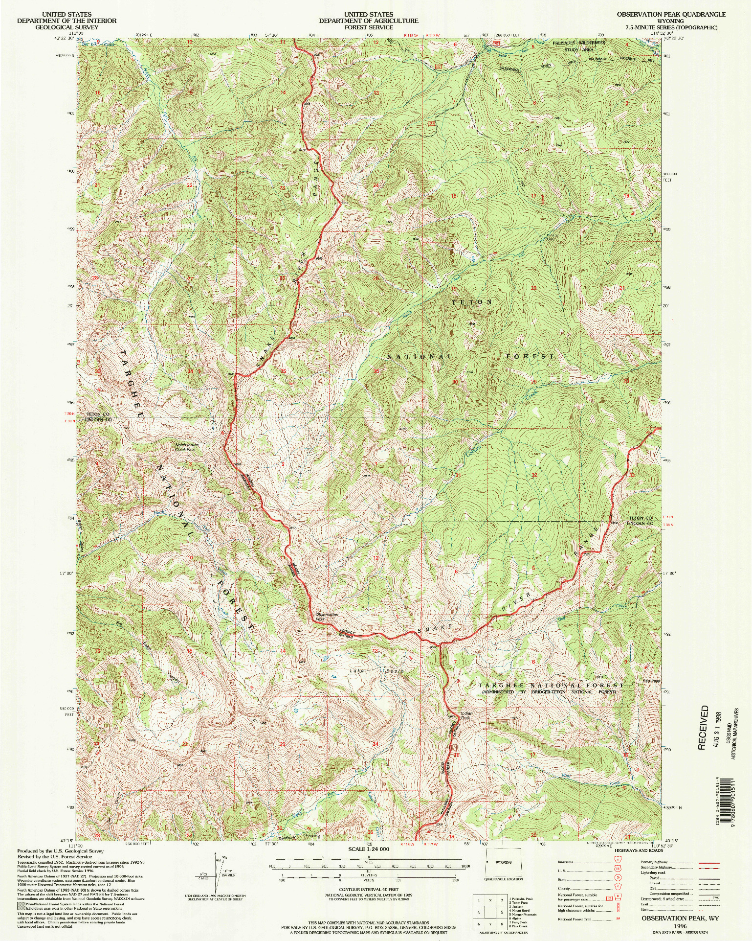 USGS 1:24000-SCALE QUADRANGLE FOR OBSERVATION PEAK, WY 1996