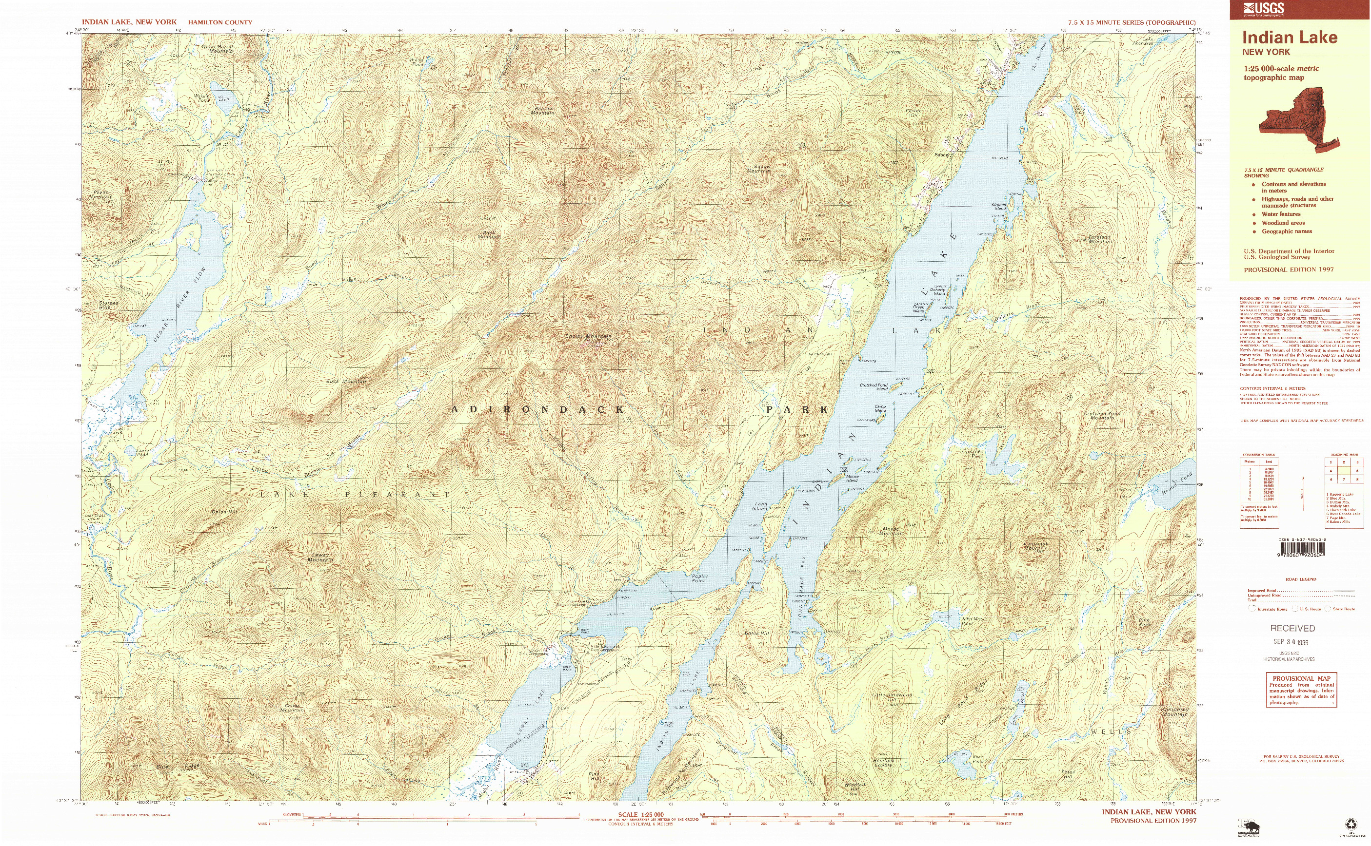 USGS 1:25000-SCALE QUADRANGLE FOR INDIAN LAKE, NY 1997