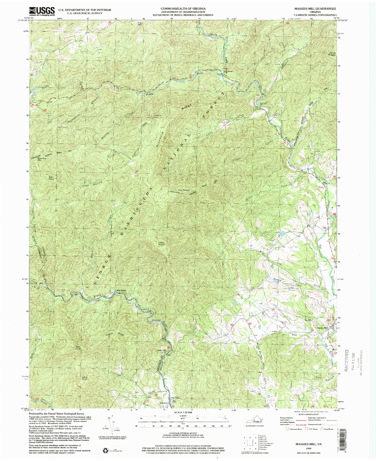 USGS 1:24000-SCALE QUADRANGLE FOR MASSIES MILL, VA 1999