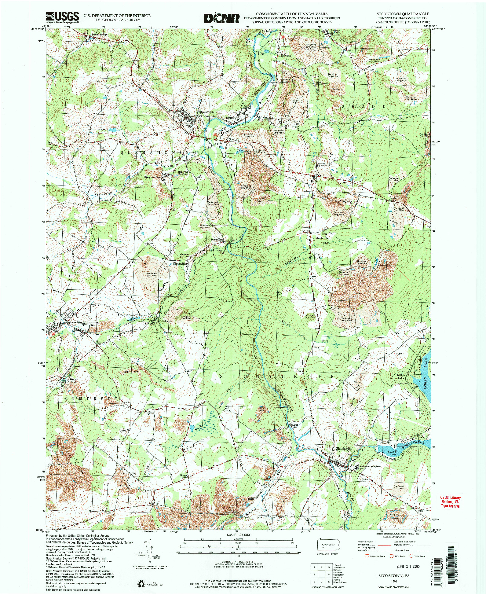 USGS 1:24000-SCALE QUADRANGLE FOR STOYSTOWN, PA 1994