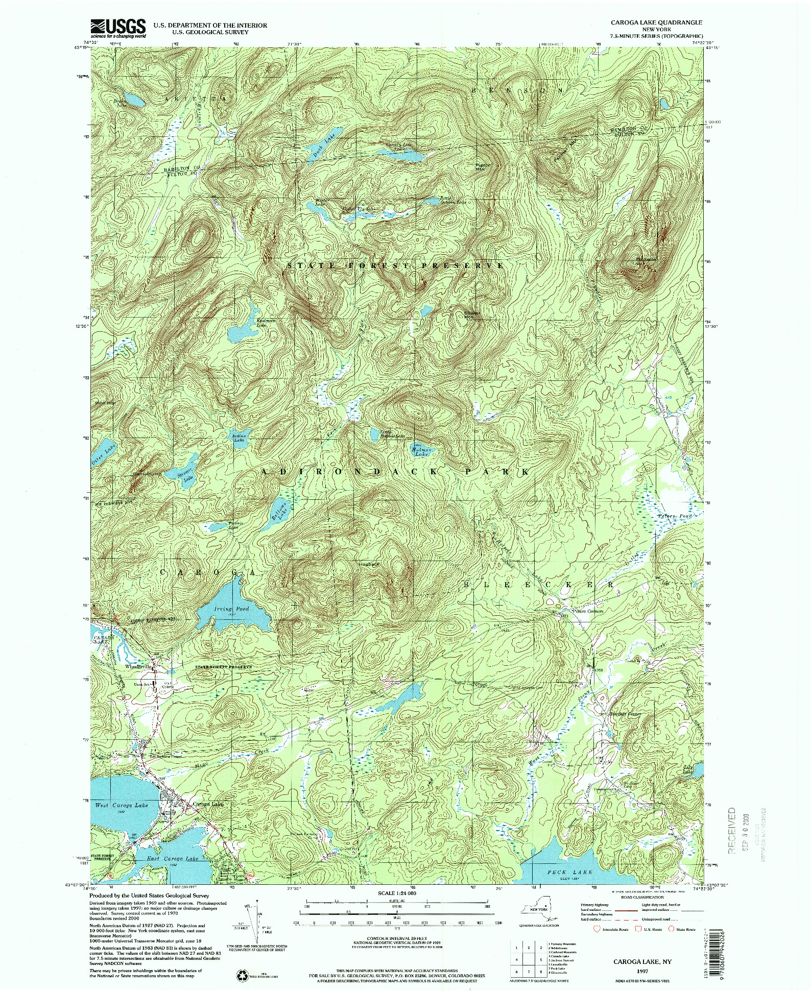 USGS 1:24000-SCALE QUADRANGLE FOR CAROGA LAKE, NY 1997