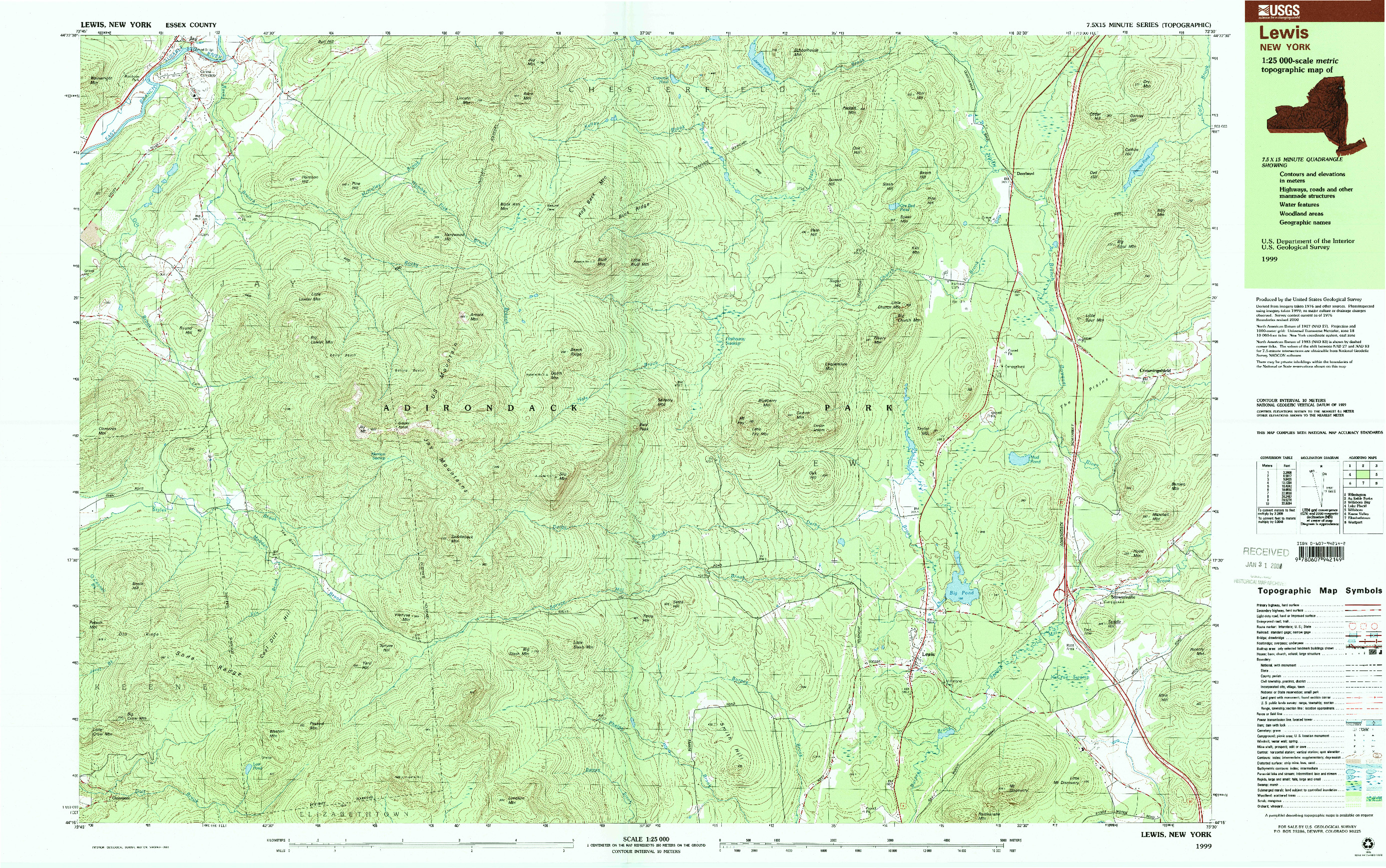 USGS 1:25000-SCALE QUADRANGLE FOR LEWIS, NY 1999