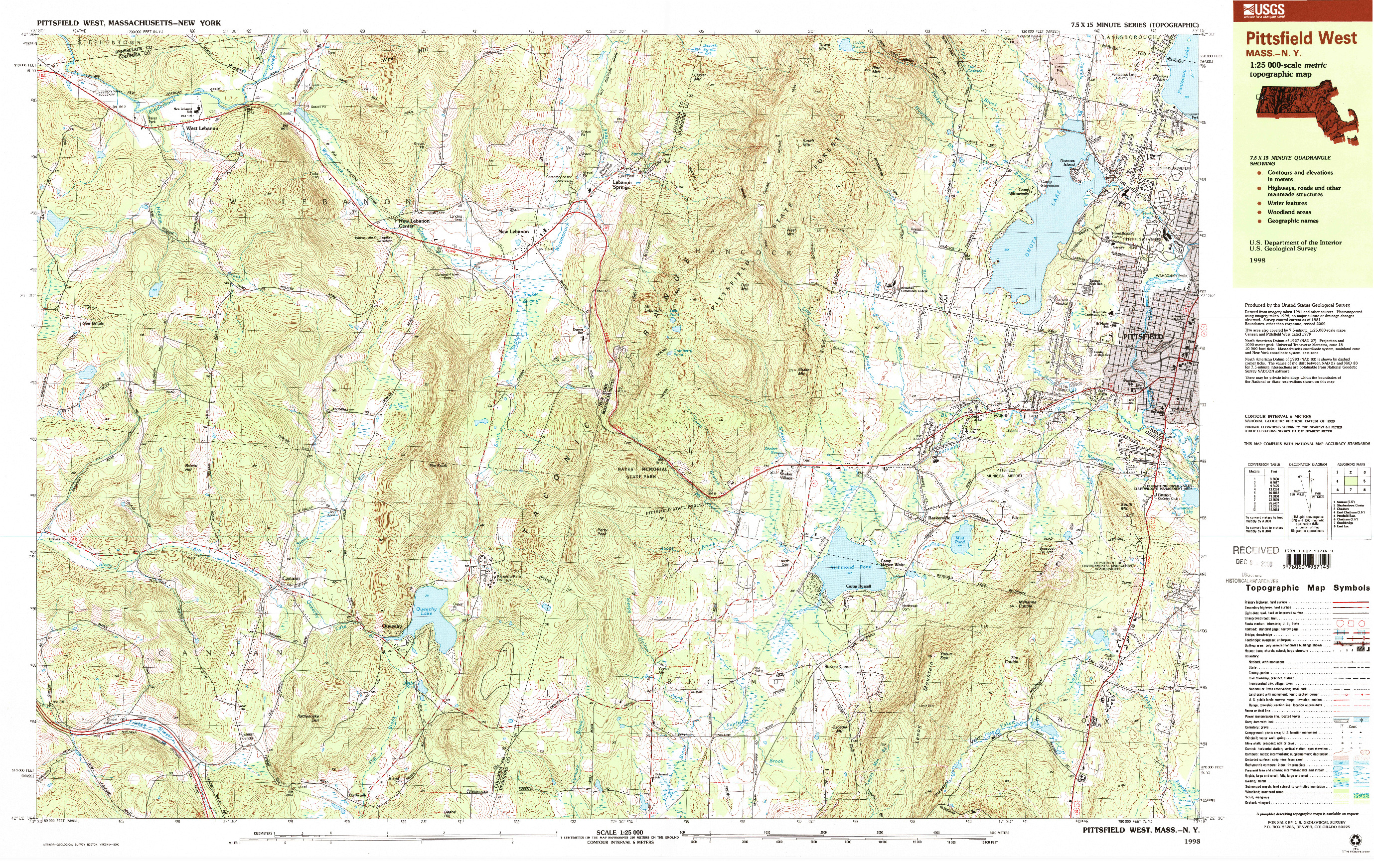 USGS 1:25000-SCALE QUADRANGLE FOR PITTSFIELD WEST, MA 1998