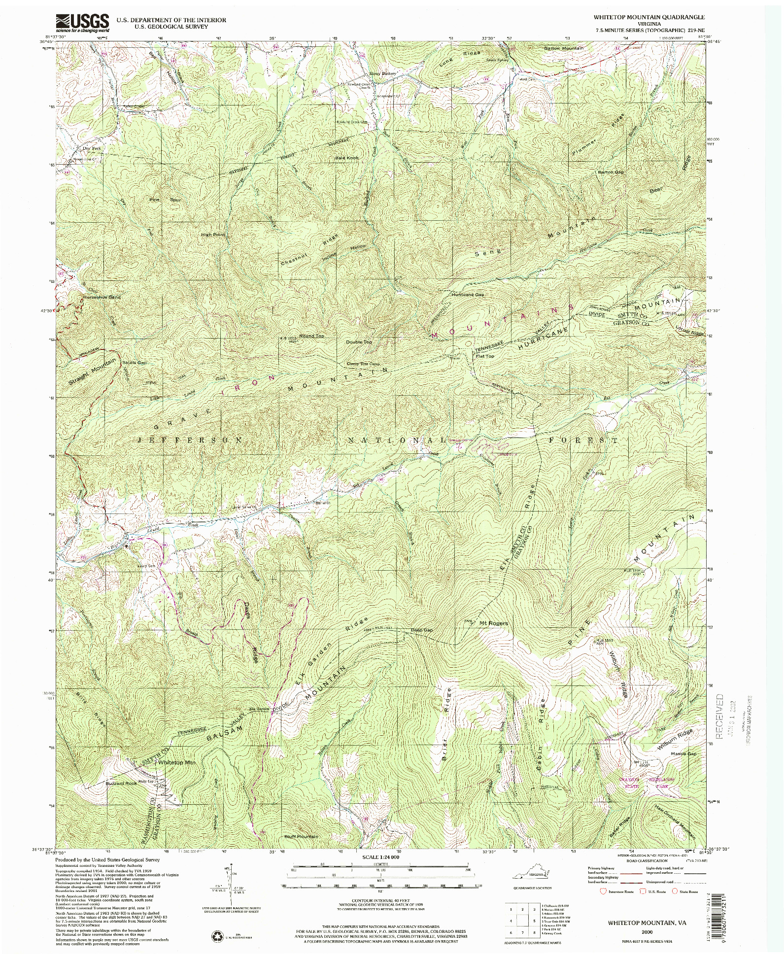 USGS 1:24000-SCALE QUADRANGLE FOR WHITETOP MOUNTAIN, VA 2000