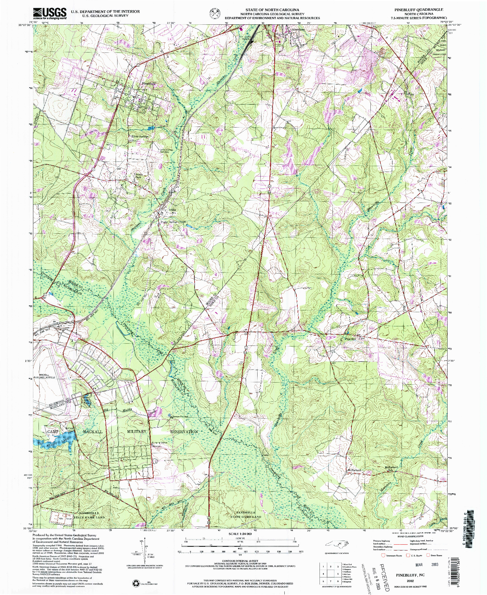 USGS 1:24000-SCALE QUADRANGLE FOR PINEBLUFF, NC 2002