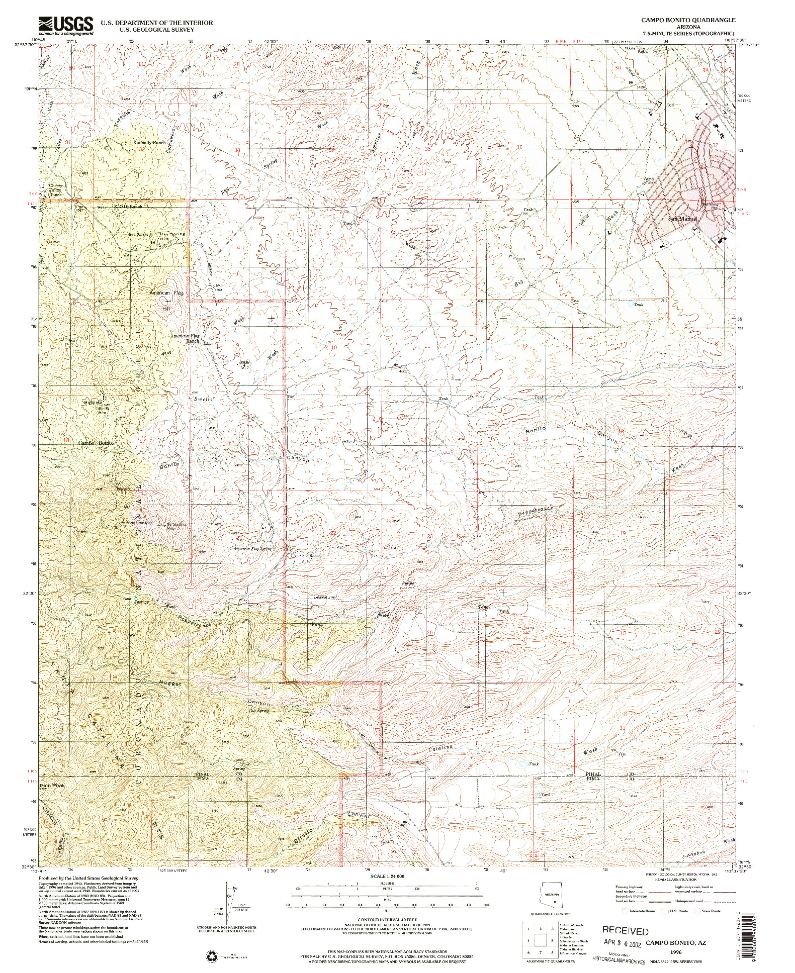 USGS 1:24000-SCALE QUADRANGLE FOR CAMPO BONITO, AZ 1996