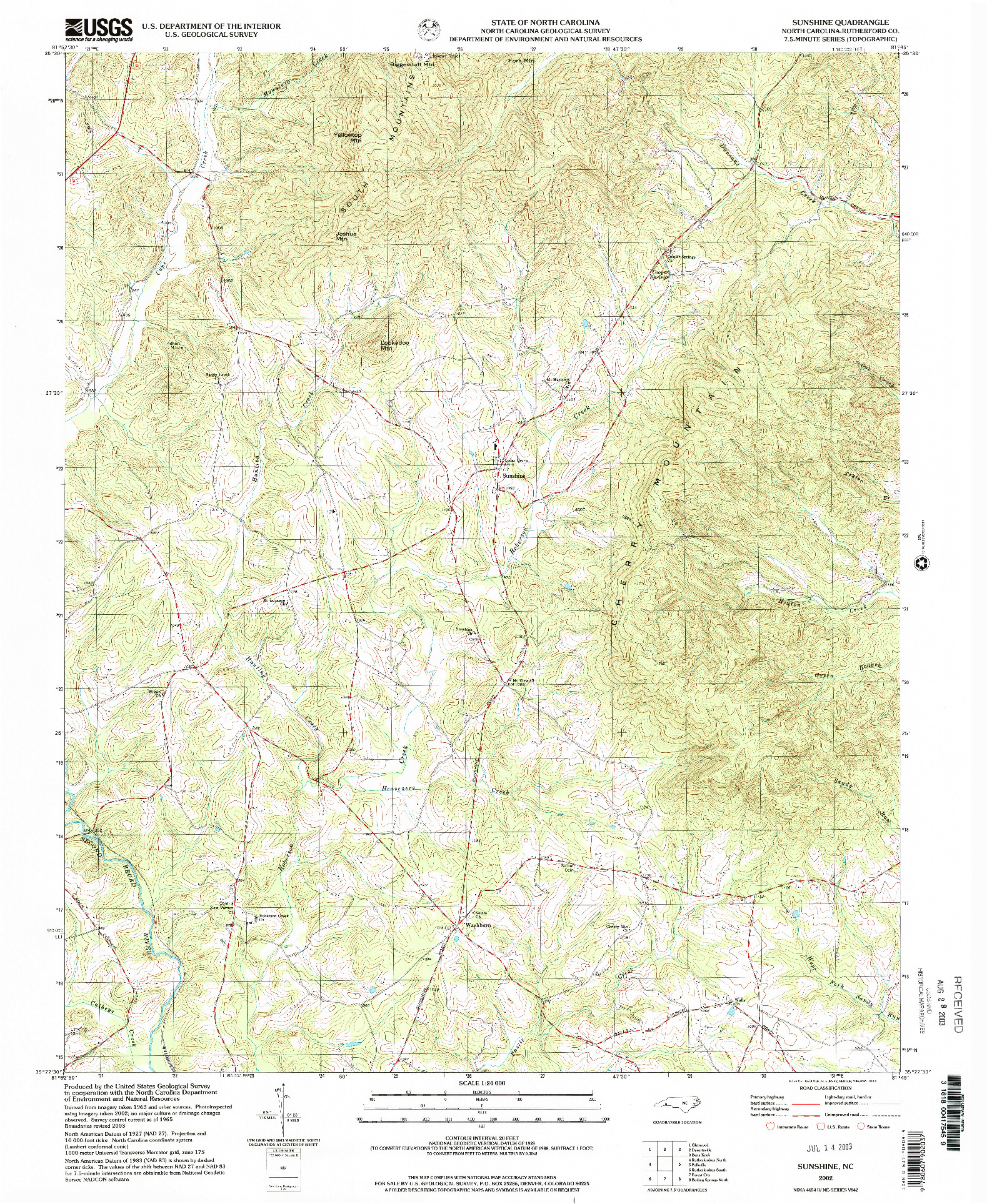 USGS 1:24000-SCALE QUADRANGLE FOR SUNSHINE, NC 2002