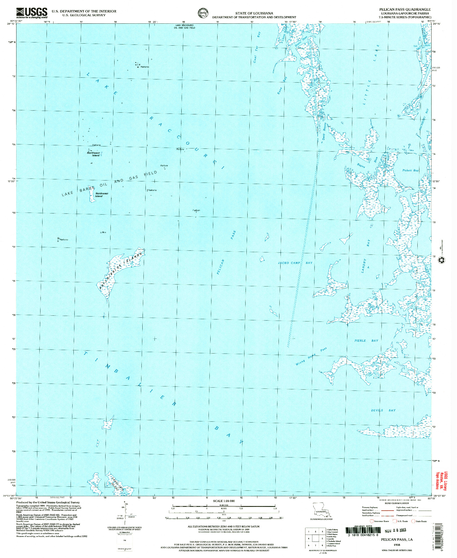 USGS 1:24000-SCALE QUADRANGLE FOR PELICAN PASS, LA 1998