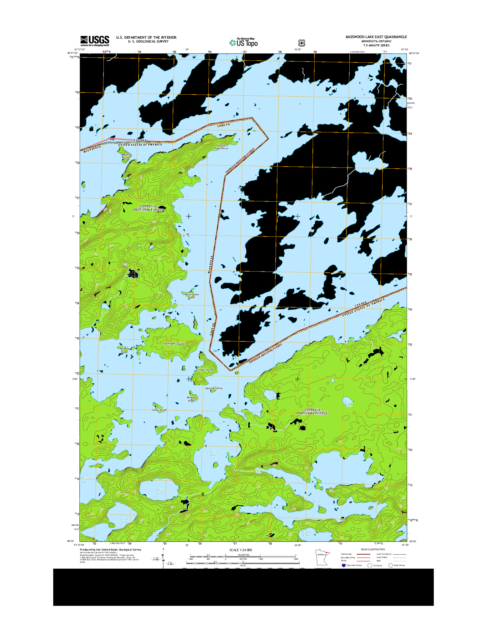 USGS US TOPO 7.5-MINUTE MAP FOR BASSWOOD LAKE EAST, MN-ON 2013
