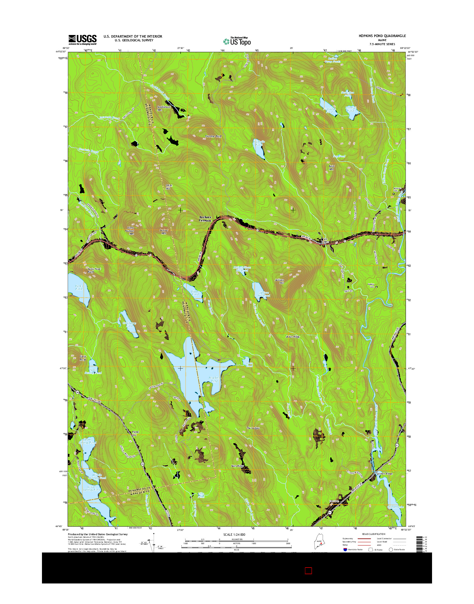 USGS US TOPO 7.5-MINUTE MAP FOR HOPKINS POND, ME 2014