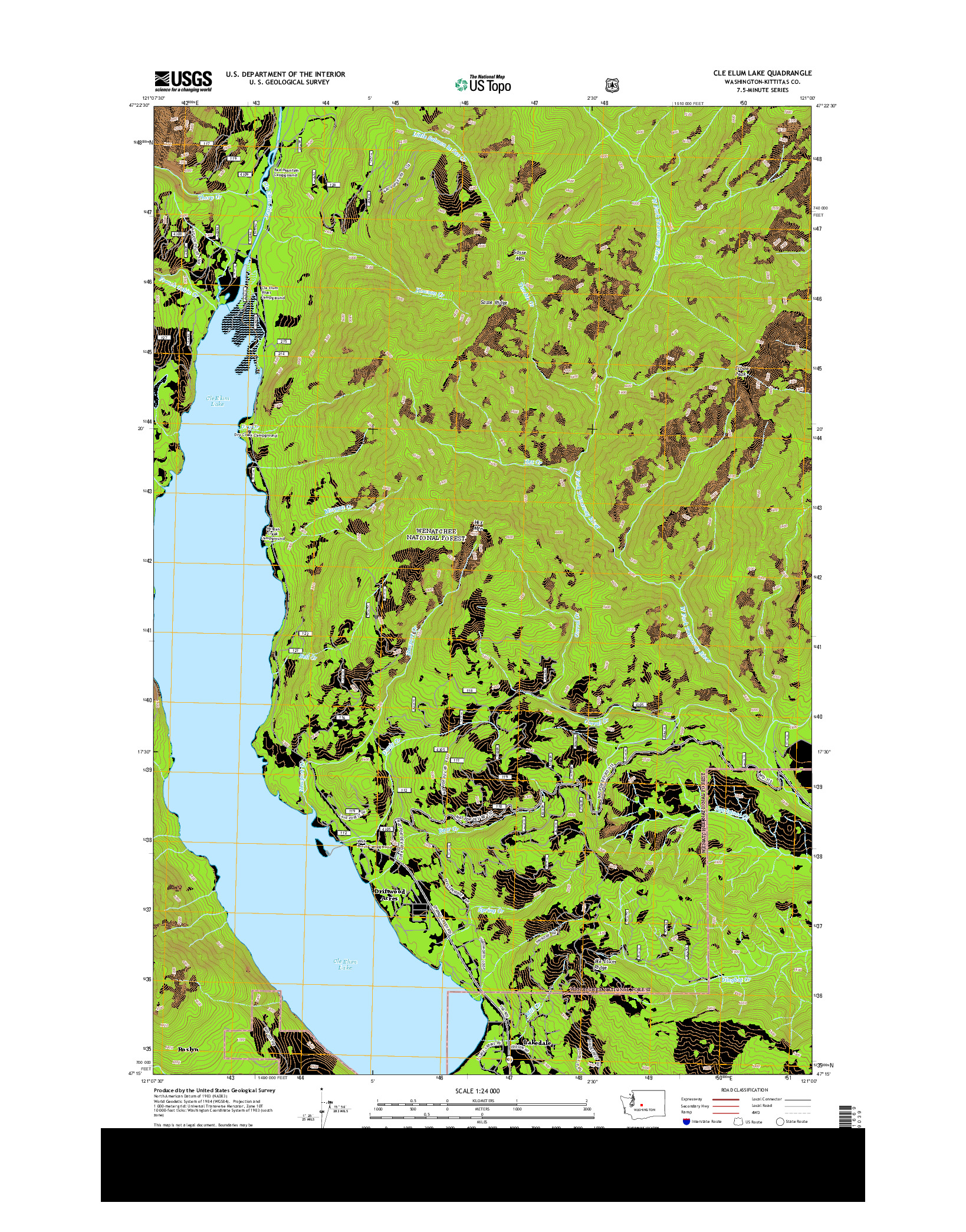USGS US TOPO 7.5-MINUTE MAP FOR CLE ELUM LAKE, WA 2014