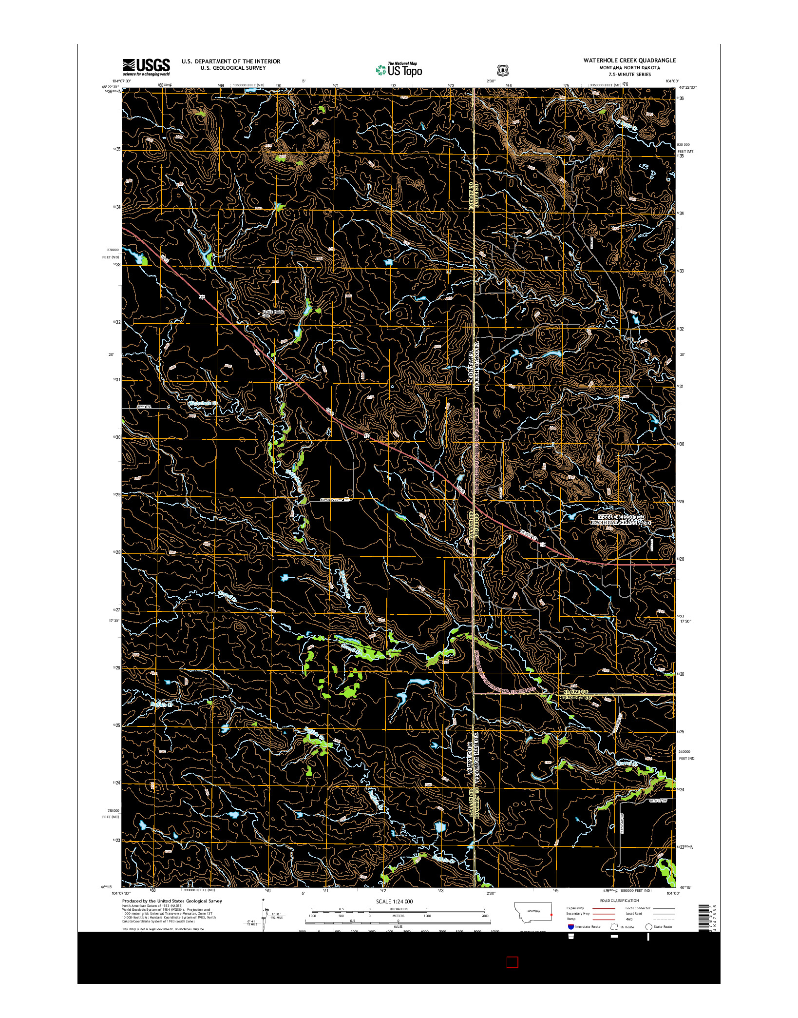 USGS US TOPO 7.5-MINUTE MAP FOR WATERHOLE CREEK, MT-ND 2014