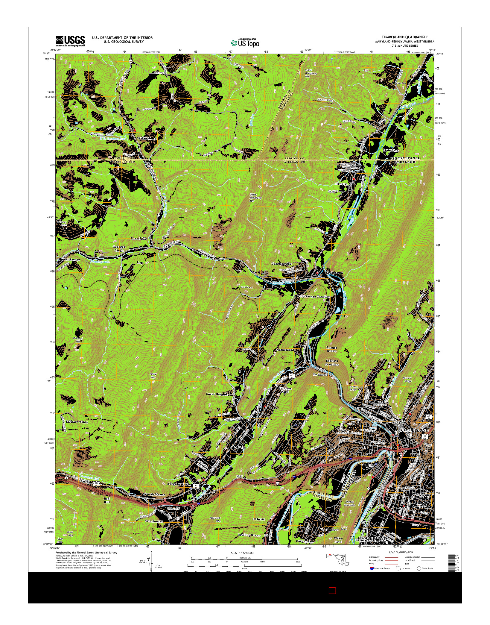 USGS US TOPO 7.5-MINUTE MAP FOR CUMBERLAND, MD-PA-WV 2014