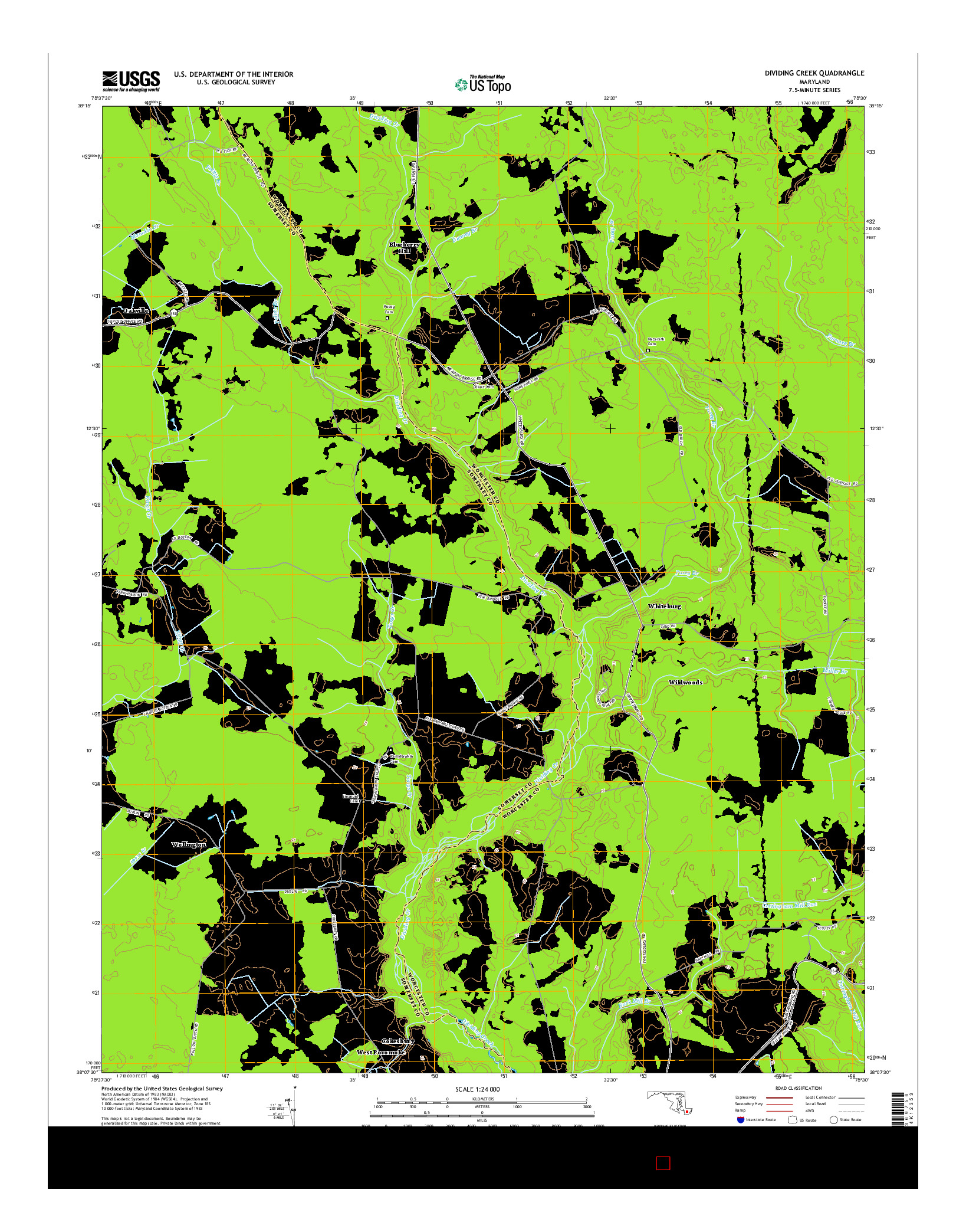 USGS US TOPO 7.5-MINUTE MAP FOR DIVIDING CREEK, MD 2014