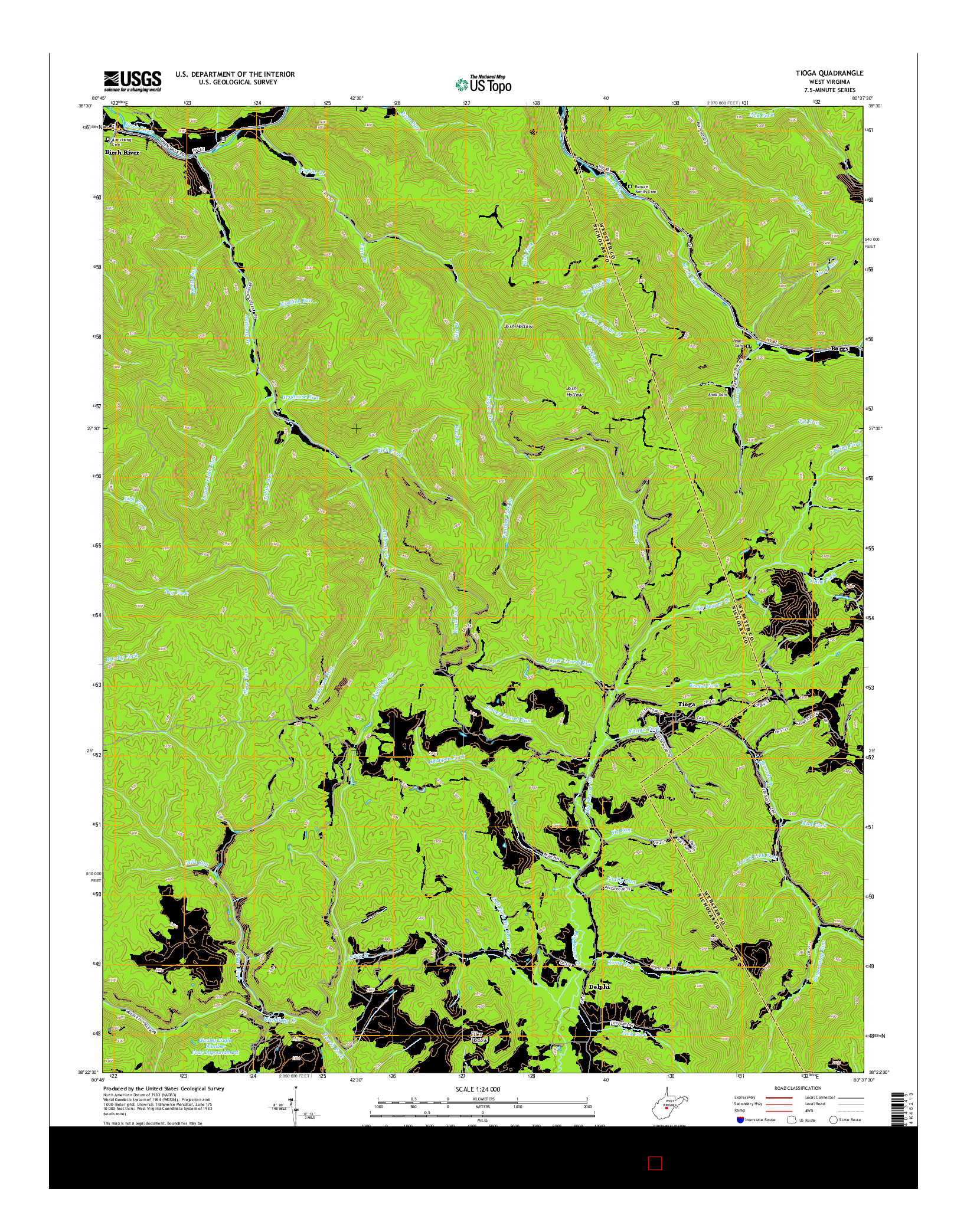 USGS US TOPO 7.5-MINUTE MAP FOR TIOGA, WV 2014