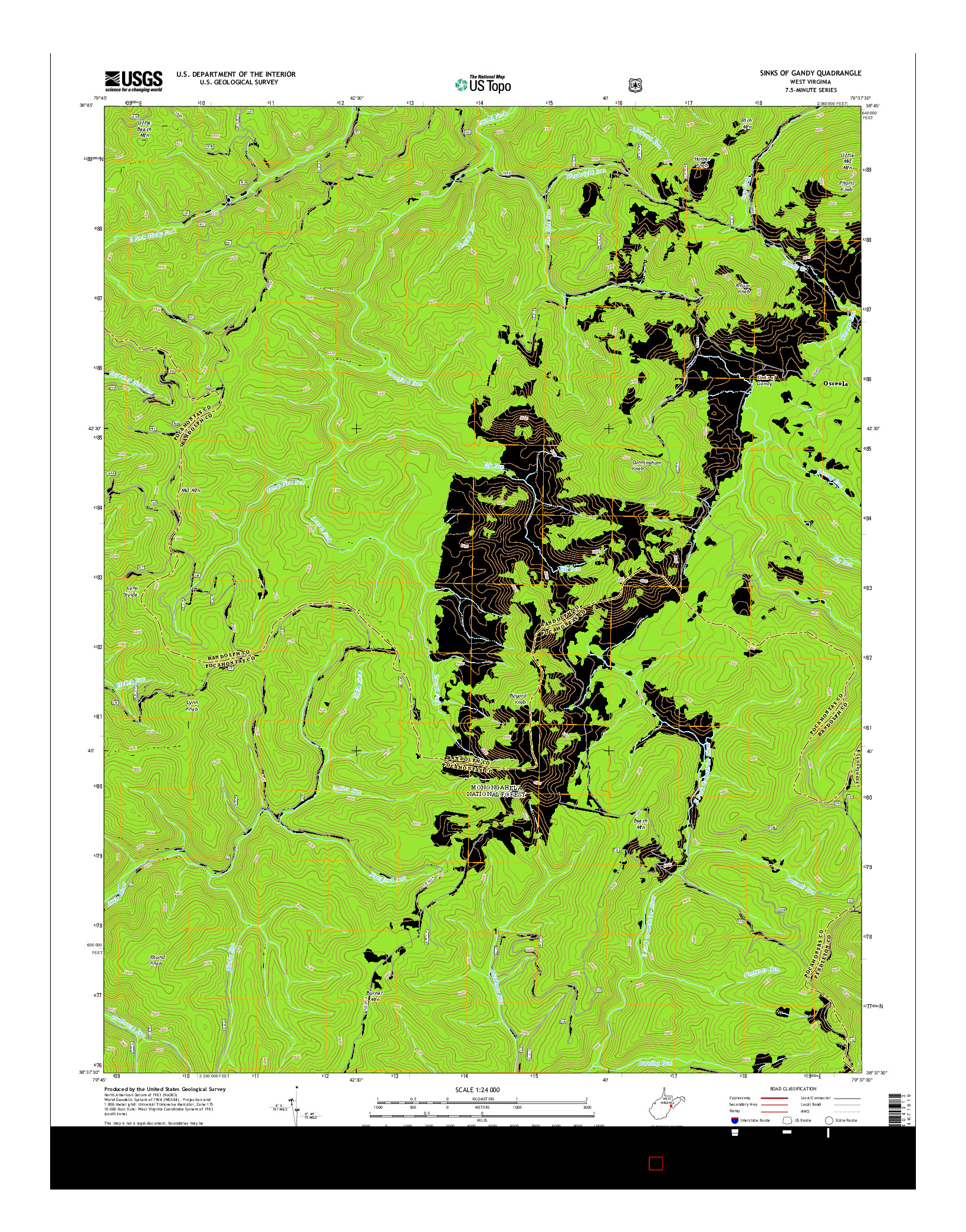 USGS US TOPO 7.5-MINUTE MAP FOR SINKS OF GANDY, WV 2014