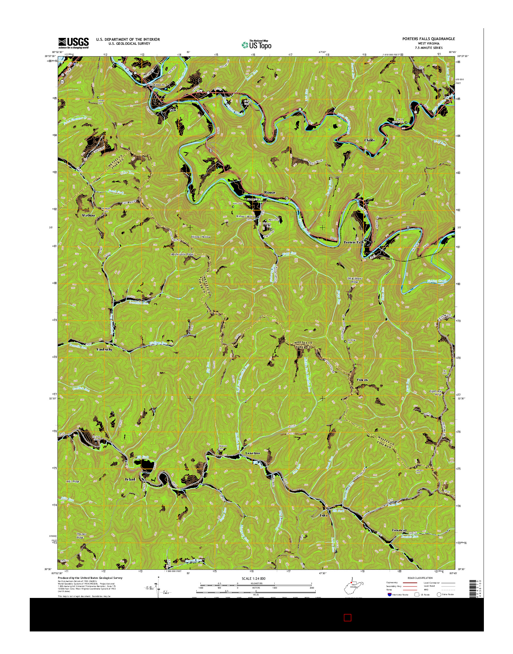 USGS US TOPO 7.5-MINUTE MAP FOR PORTERS FALLS, WV 2014