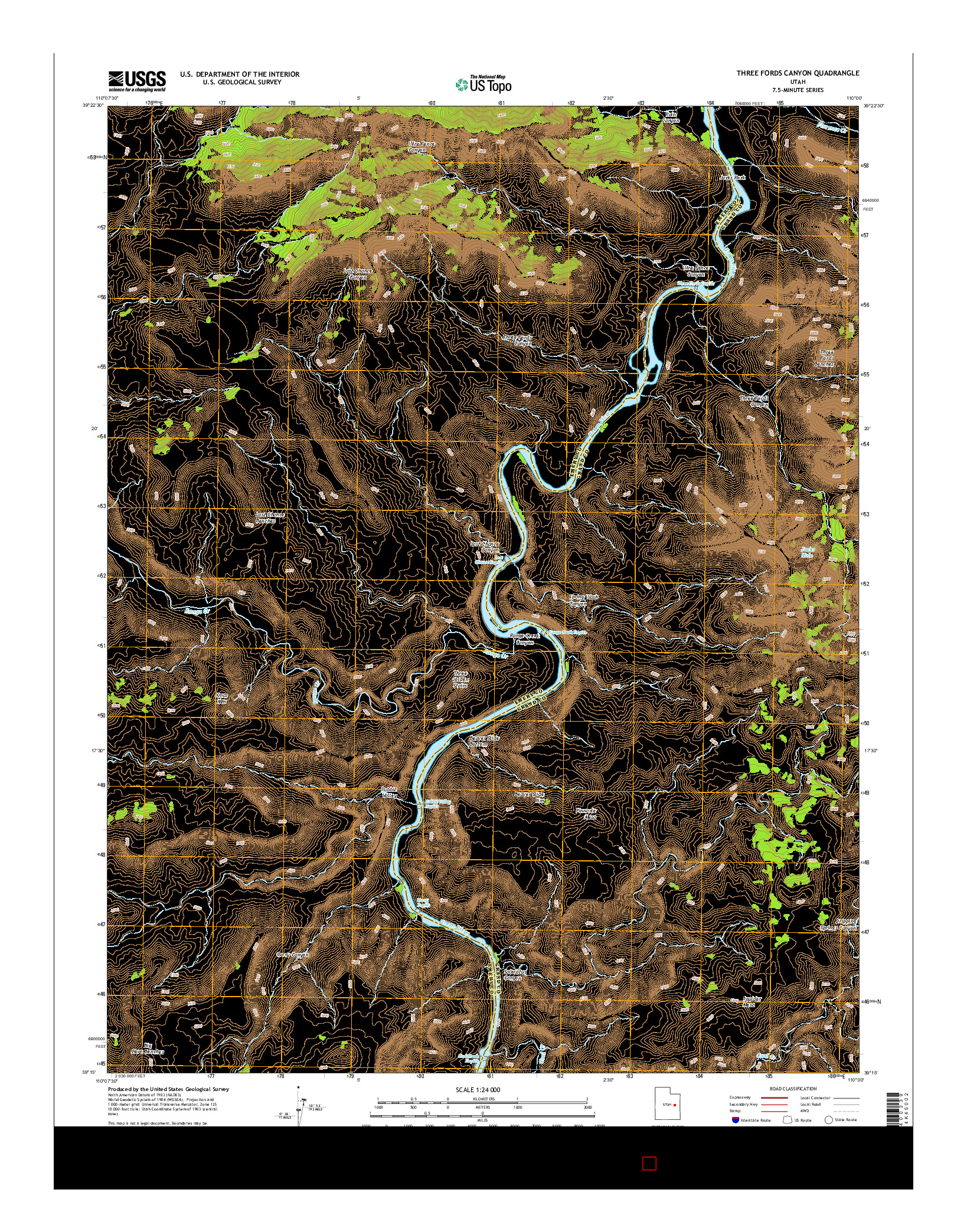 USGS US TOPO 7.5-MINUTE MAP FOR THREE FORDS CANYON, UT 2014