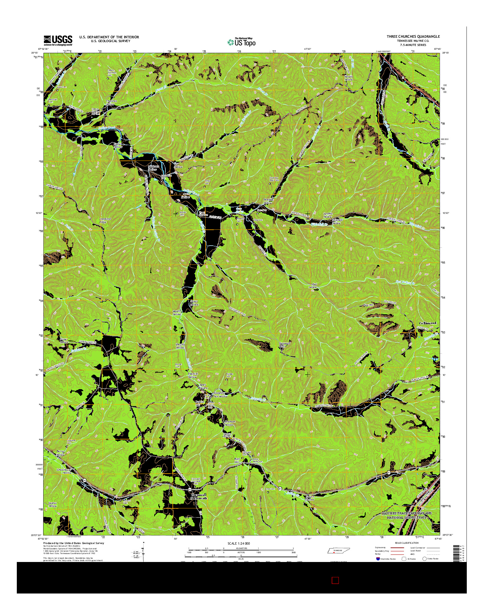 USGS US TOPO 7.5-MINUTE MAP FOR THREE CHURCHES, TN 2016