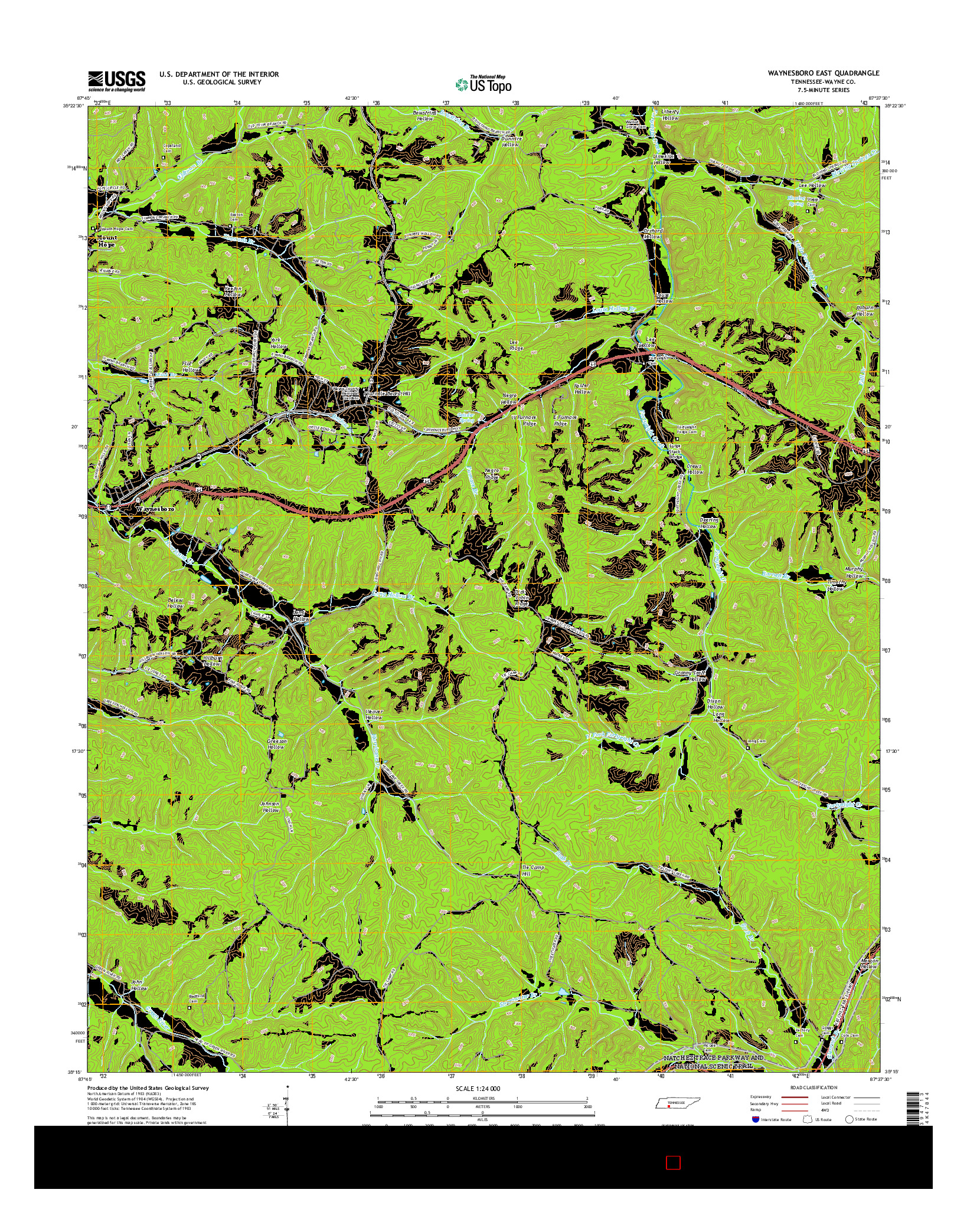 USGS US TOPO 7.5-MINUTE MAP FOR WAYNESBORO EAST, TN 2016