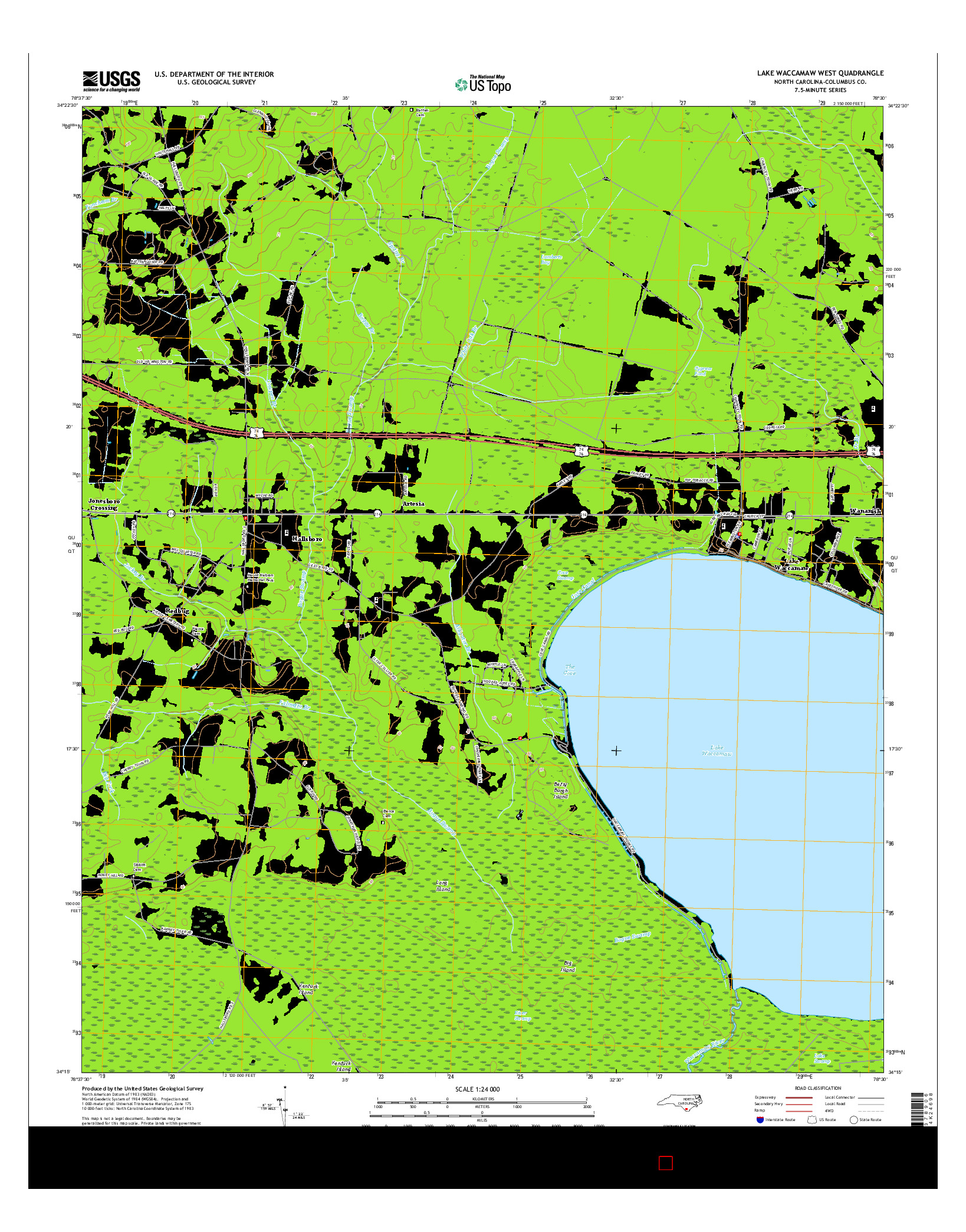 USGS US TOPO 7.5-MINUTE MAP FOR LAKE WACCAMAW WEST, NC 2016