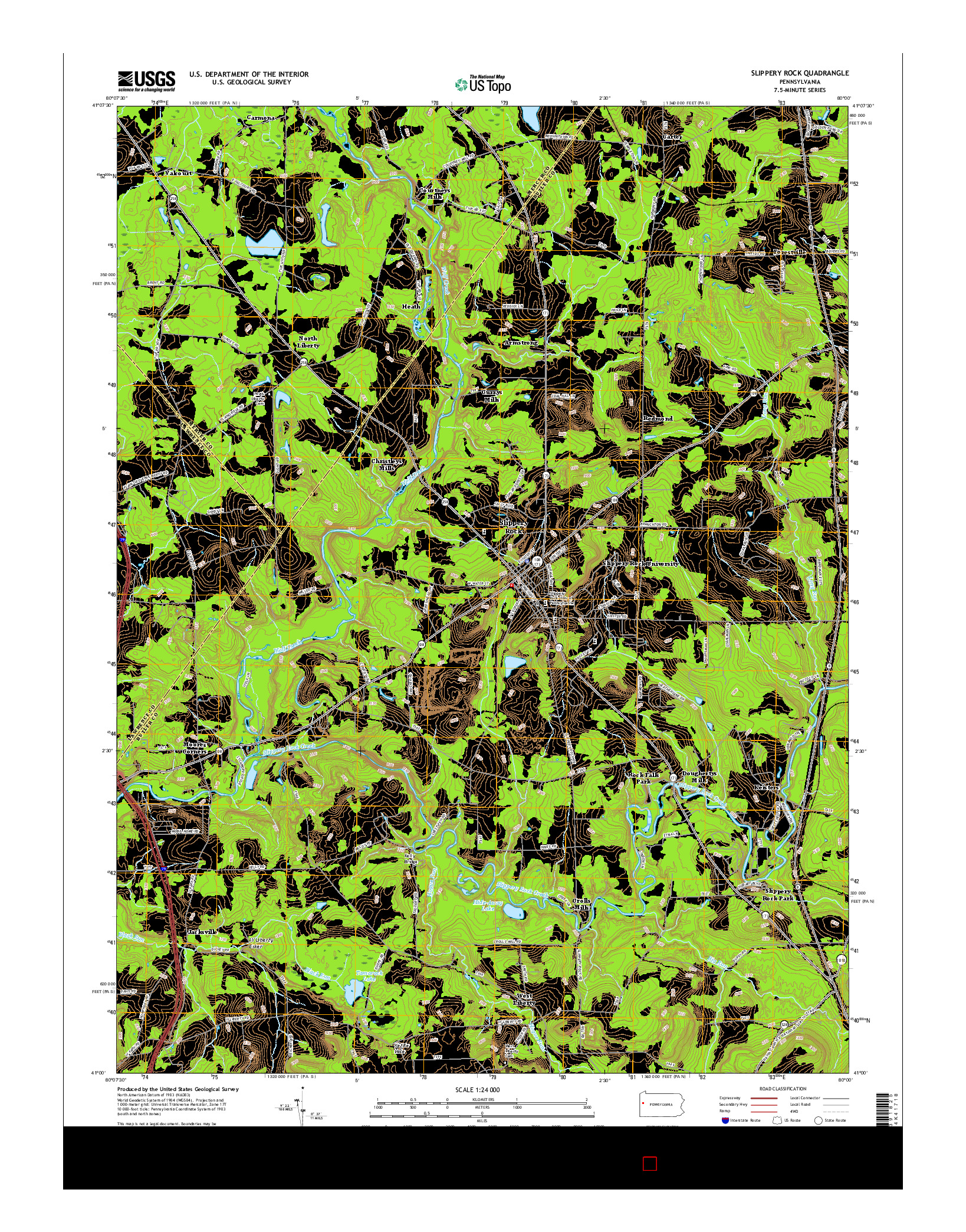 USGS US TOPO 7.5-MINUTE MAP FOR SLIPPERY ROCK, PA 2016