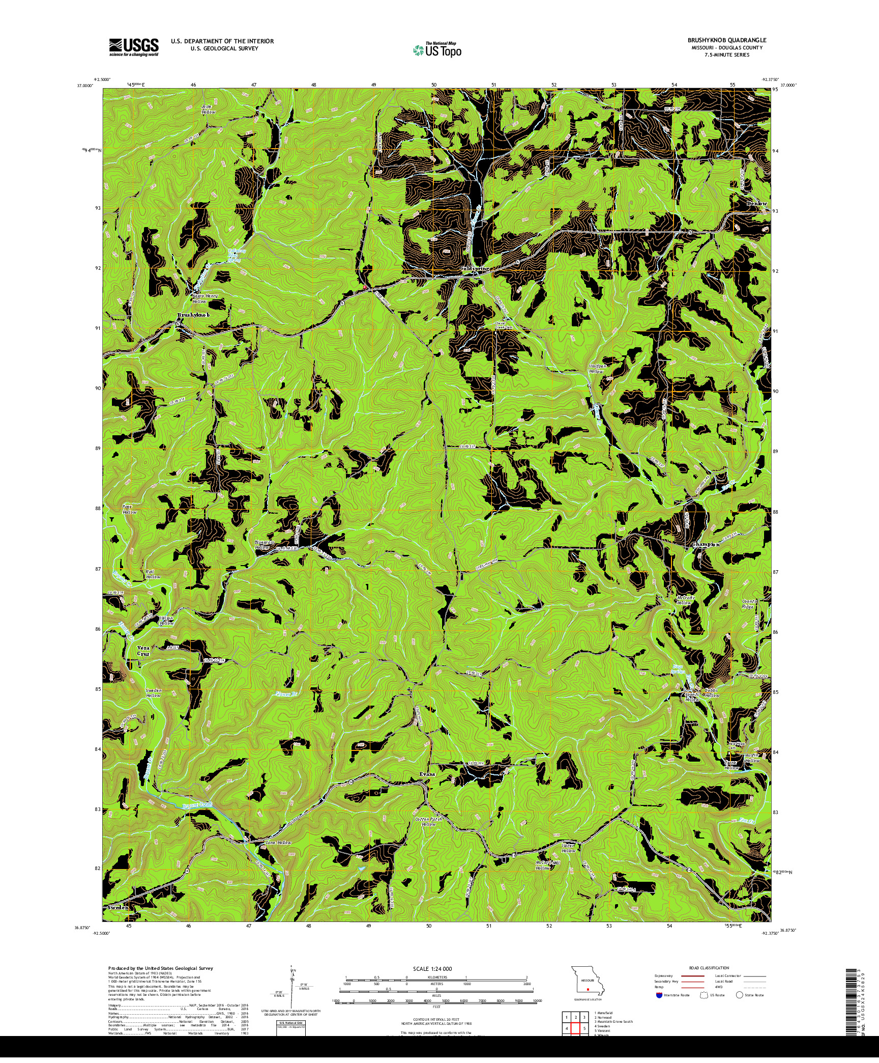 USGS US TOPO 7.5-MINUTE MAP FOR BRUSHYKNOB, MO 2017