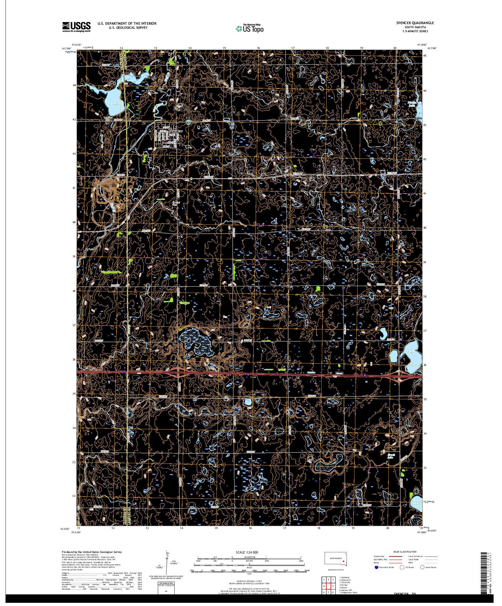 USGS US TOPO 7.5-MINUTE MAP FOR SPENCER, SD 2017