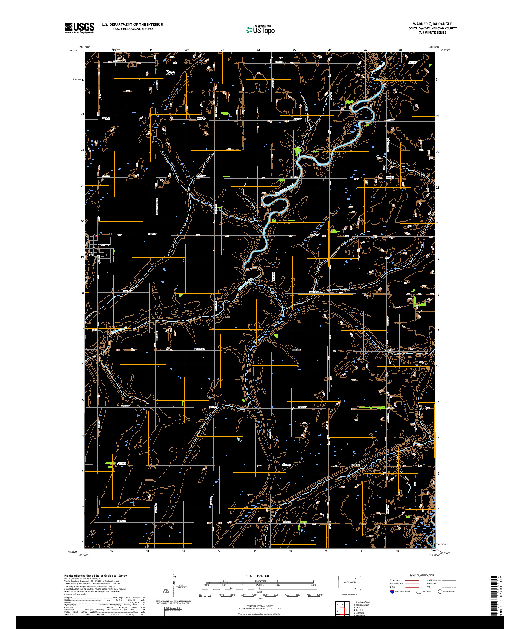 USGS US TOPO 7.5-MINUTE MAP FOR WARNER, SD 2017