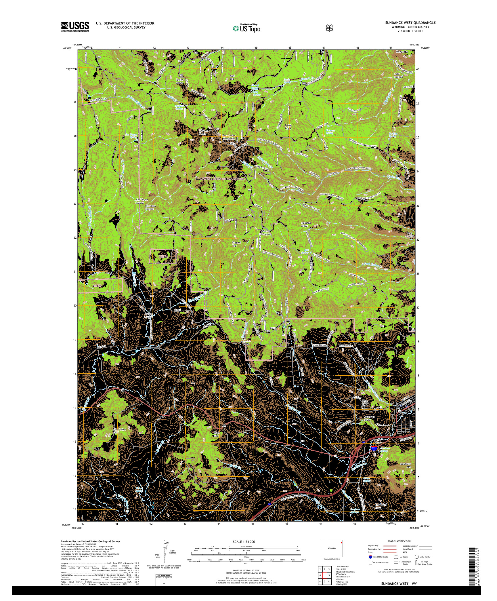 USGS US TOPO 7.5-MINUTE MAP FOR SUNDANCE WEST, WY 2017