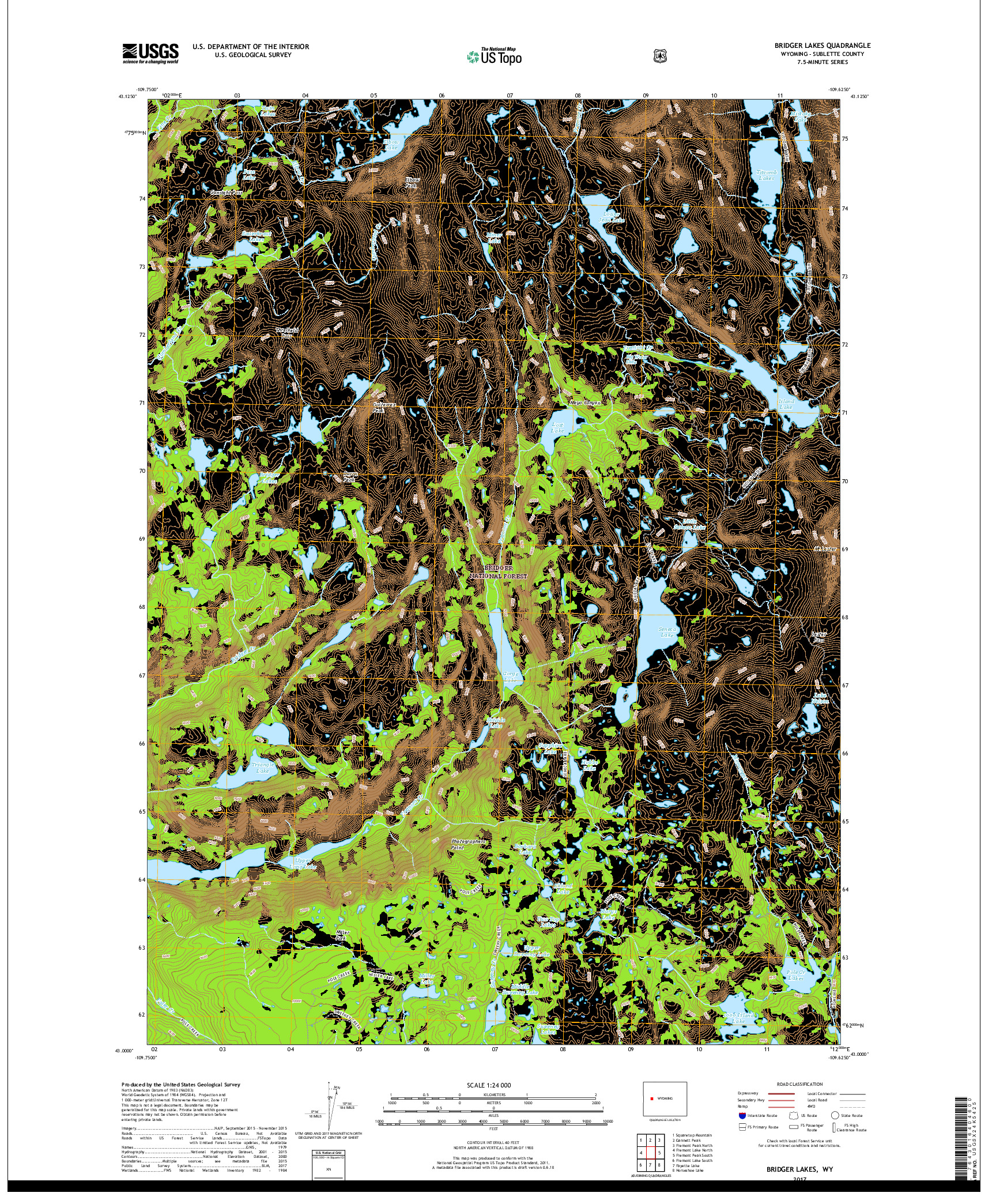 USGS US TOPO 7.5-MINUTE MAP FOR BRIDGER LAKES, WY 2017