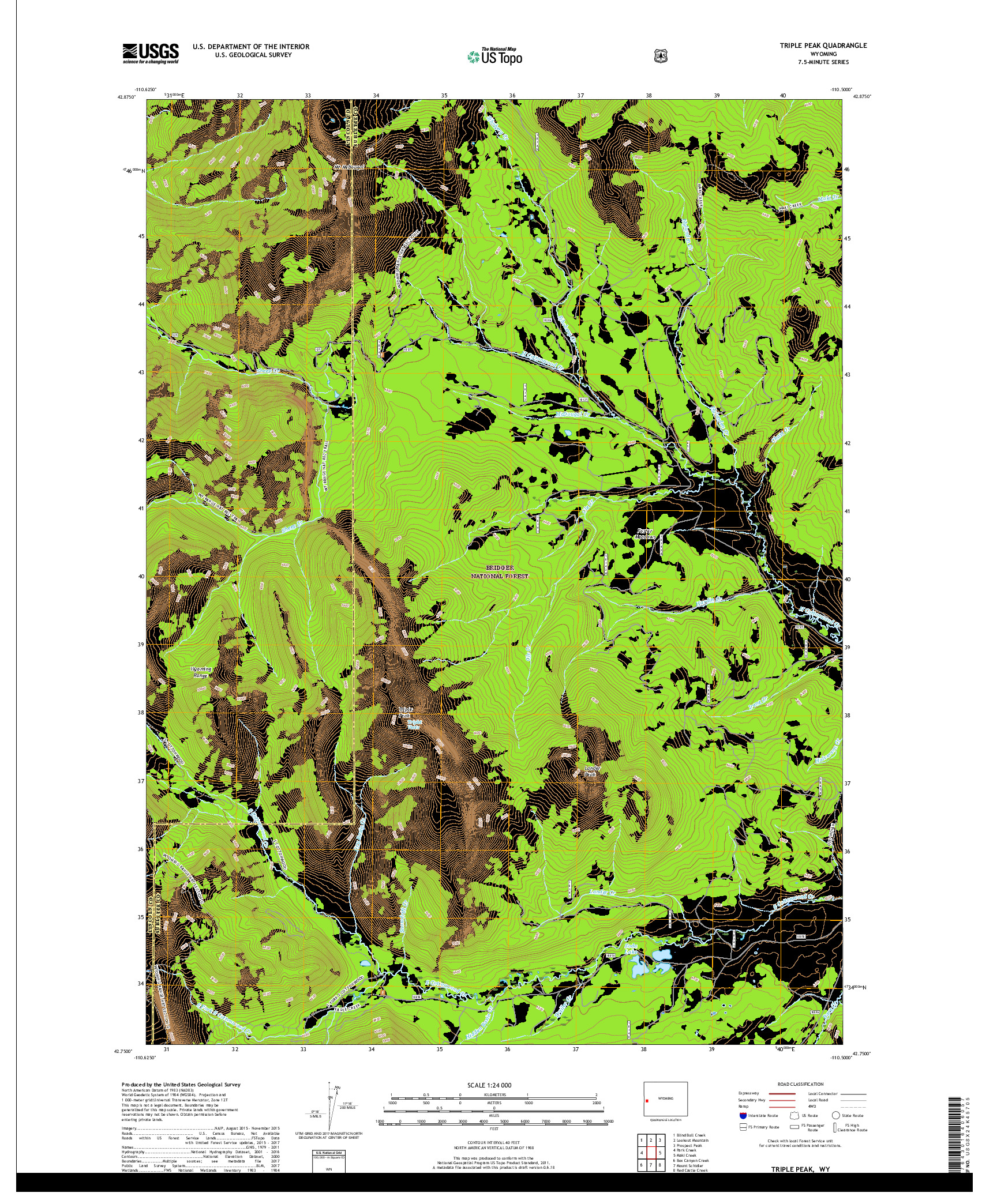 USGS US TOPO 7.5-MINUTE MAP FOR TRIPLE PEAK, WY 2017