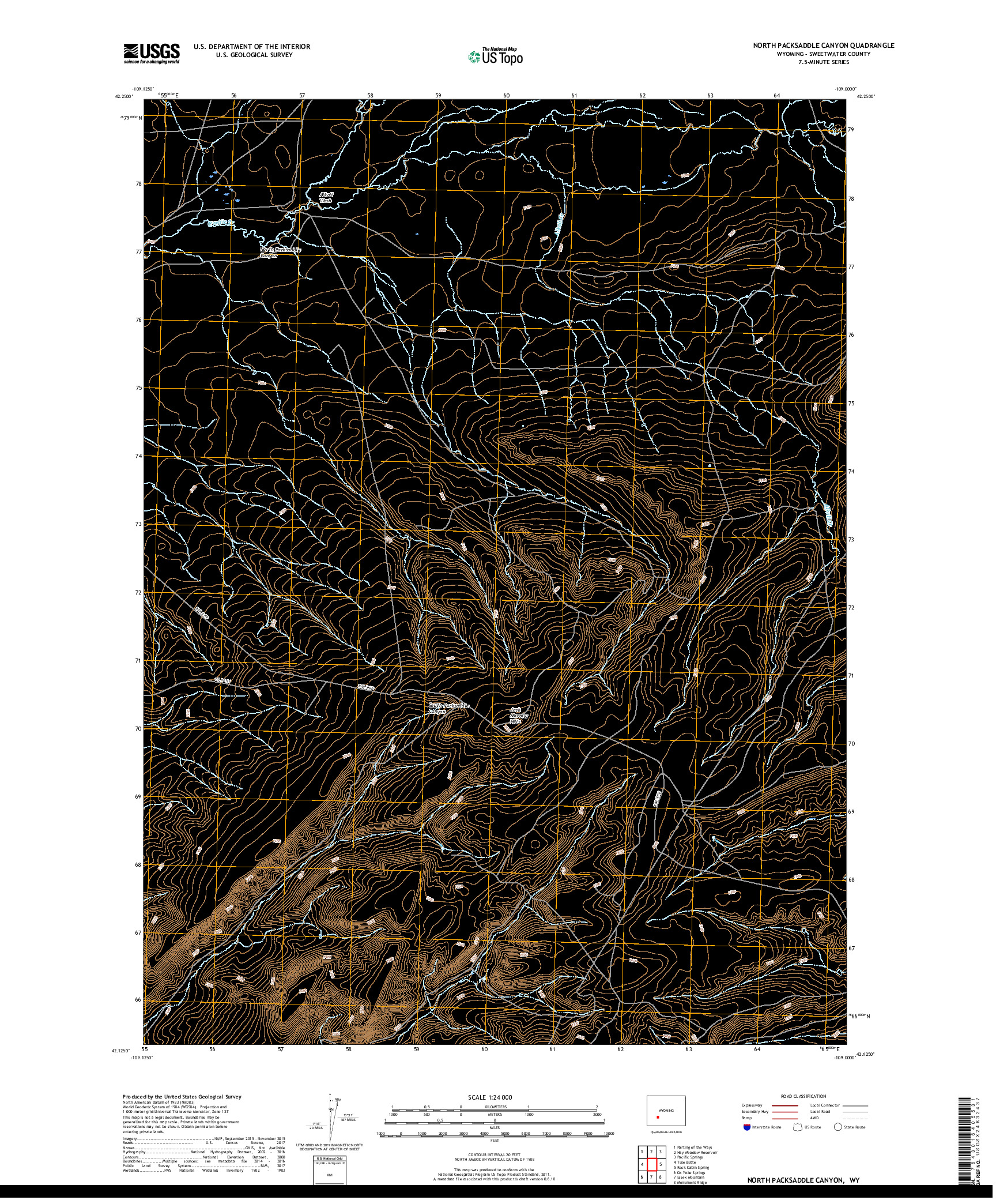 USGS US TOPO 7.5-MINUTE MAP FOR NORTH PACKSADDLE CANYON, WY 2017