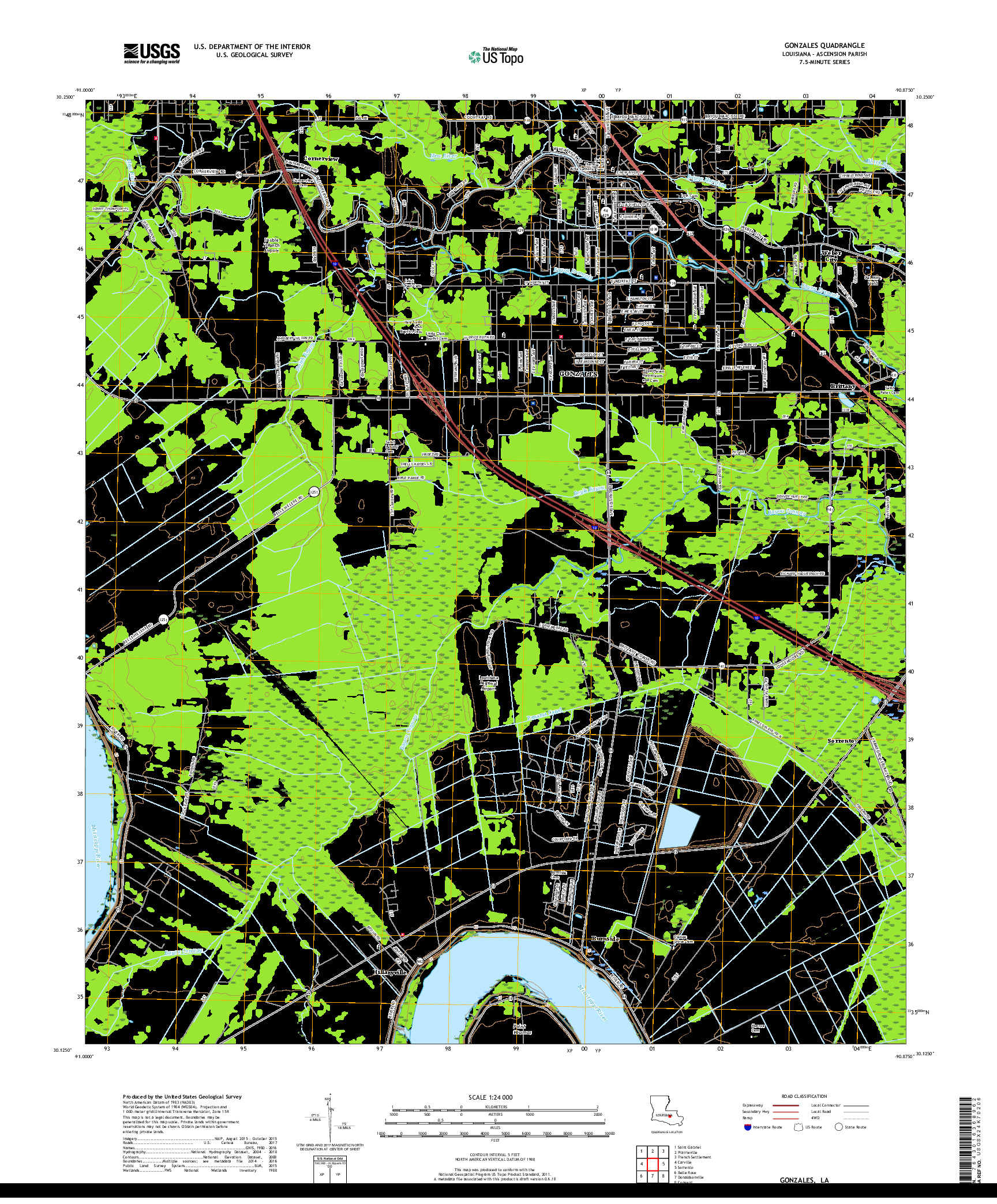 USGS US TOPO 7.5-MINUTE MAP FOR GONZALES, LA 2018