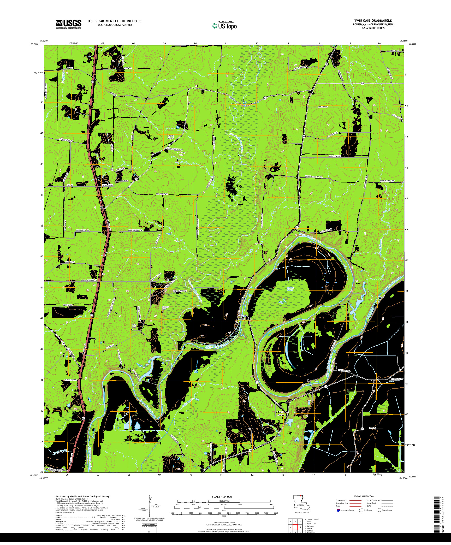 USGS US TOPO 7.5-MINUTE MAP FOR TWIN OAKS, LA 2018