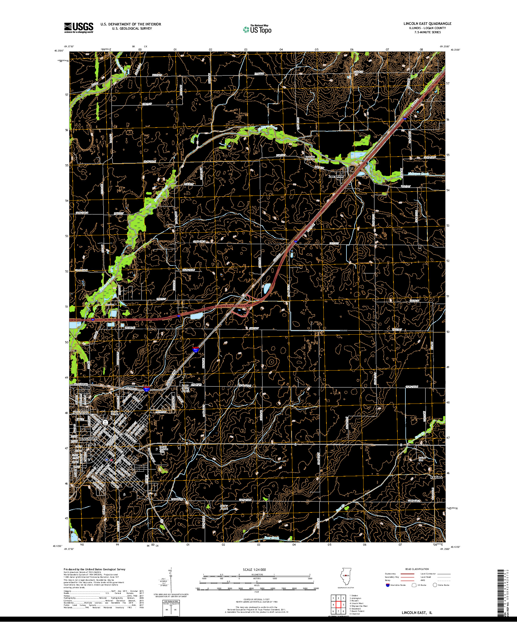 USGS US TOPO 7.5-MINUTE MAP FOR LINCOLN EAST, IL 2018