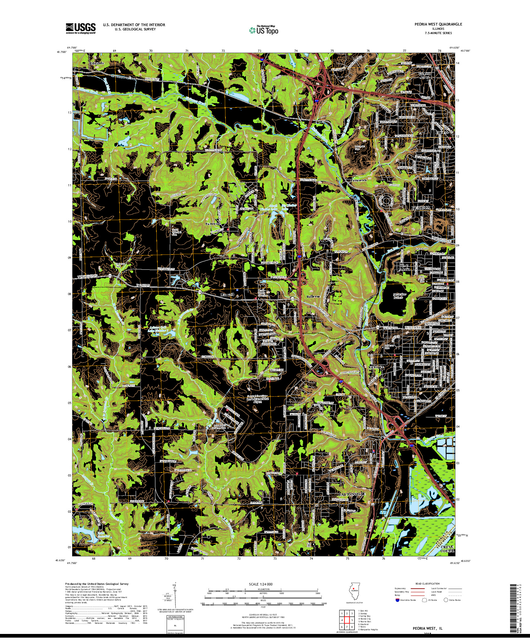 USGS US TOPO 7.5-MINUTE MAP FOR PEORIA WEST, IL 2018