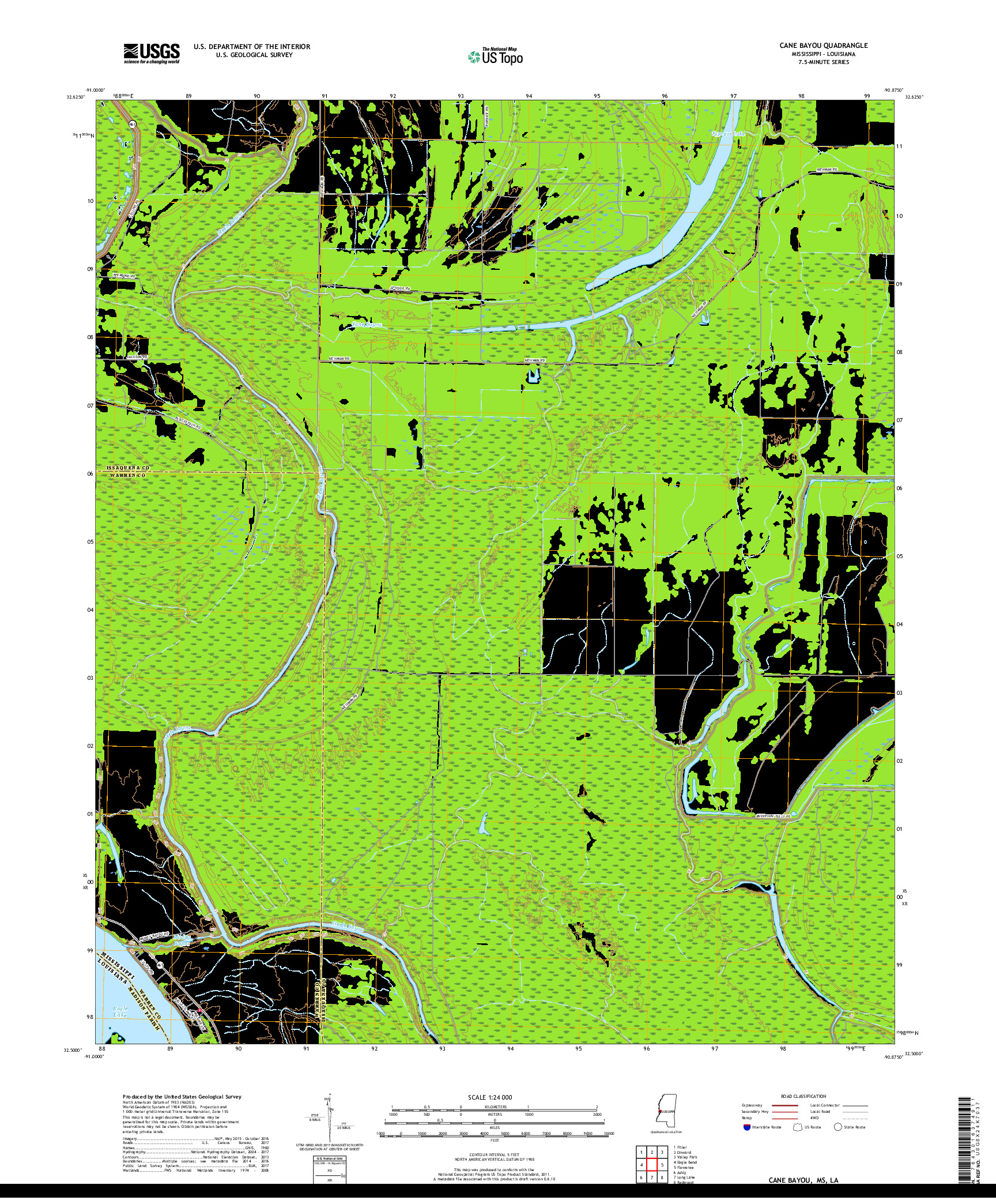 USGS US TOPO 7.5-MINUTE MAP FOR CANE BAYOU, MS,LA 2018