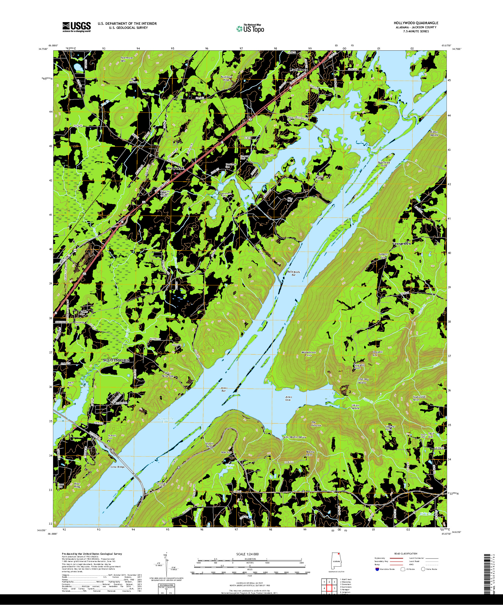 USGS US TOPO 7.5-MINUTE MAP FOR HOLLYWOOD, AL 2018