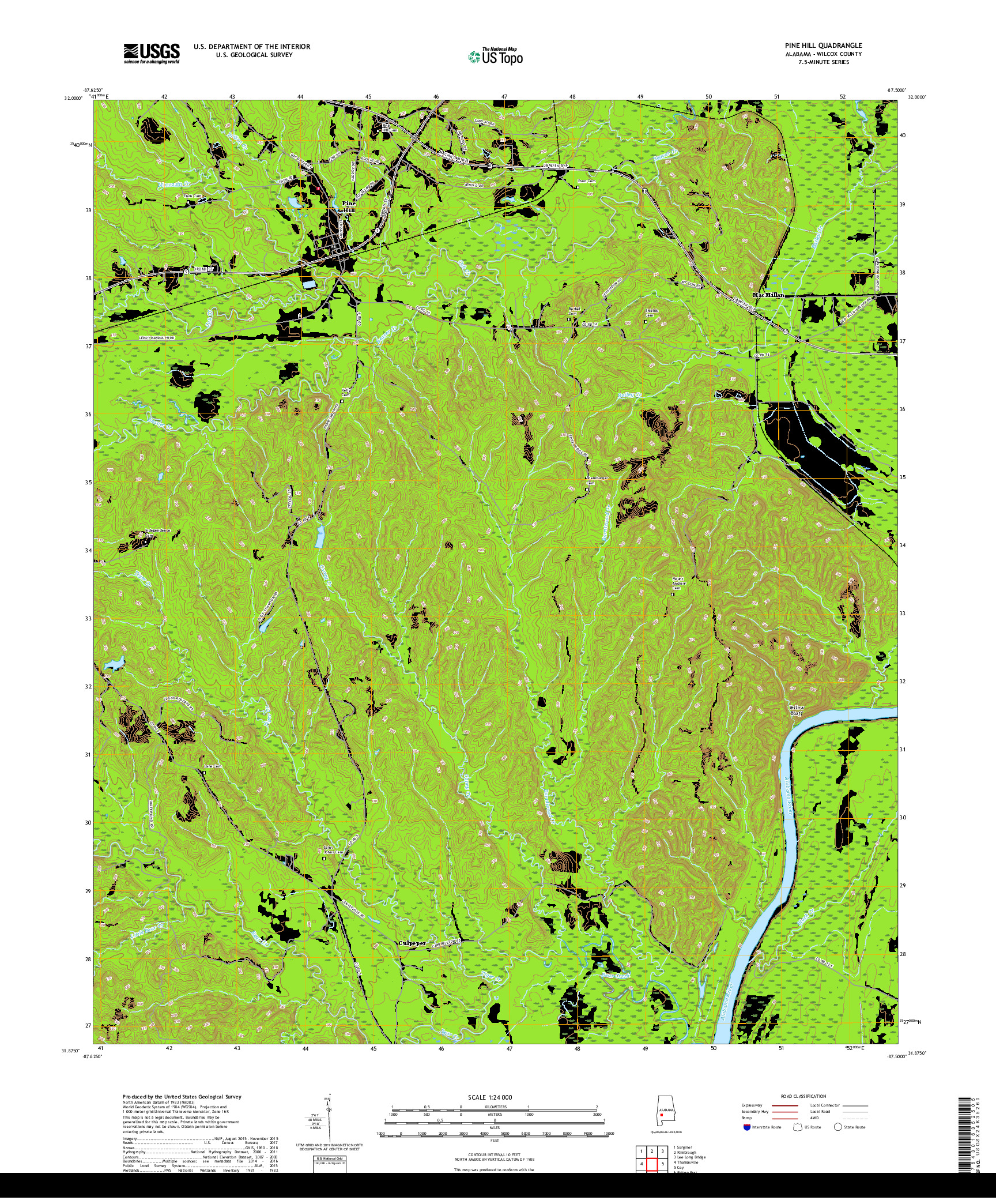 USGS US TOPO 7.5-MINUTE MAP FOR PINE HILL, AL 2018