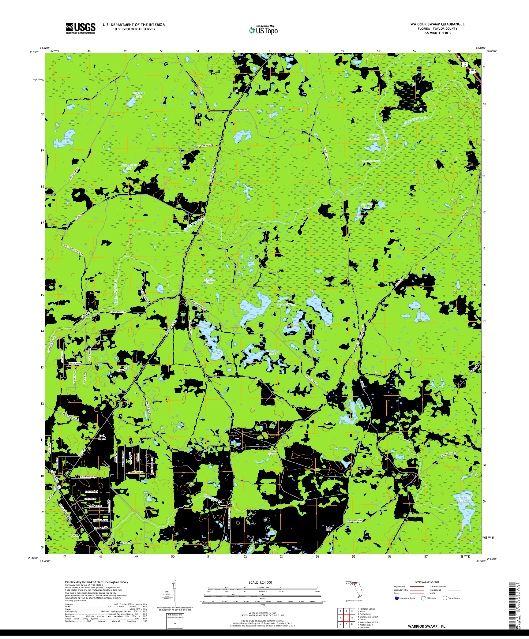 USGS US TOPO 7.5-MINUTE MAP FOR WARRIOR SWAMP, FL 2018