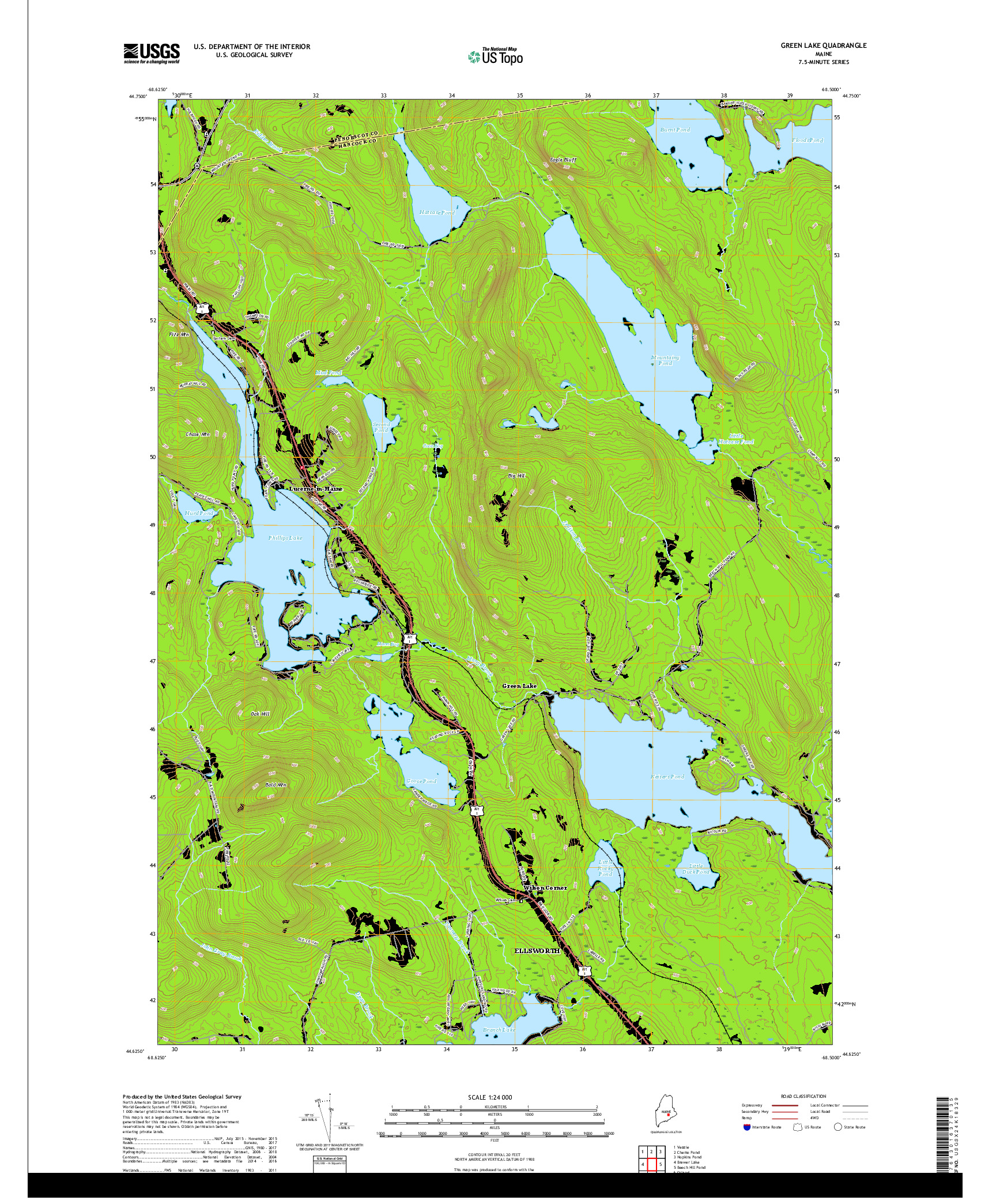 USGS US TOPO 7.5-MINUTE MAP FOR GREEN LAKE, ME 2018