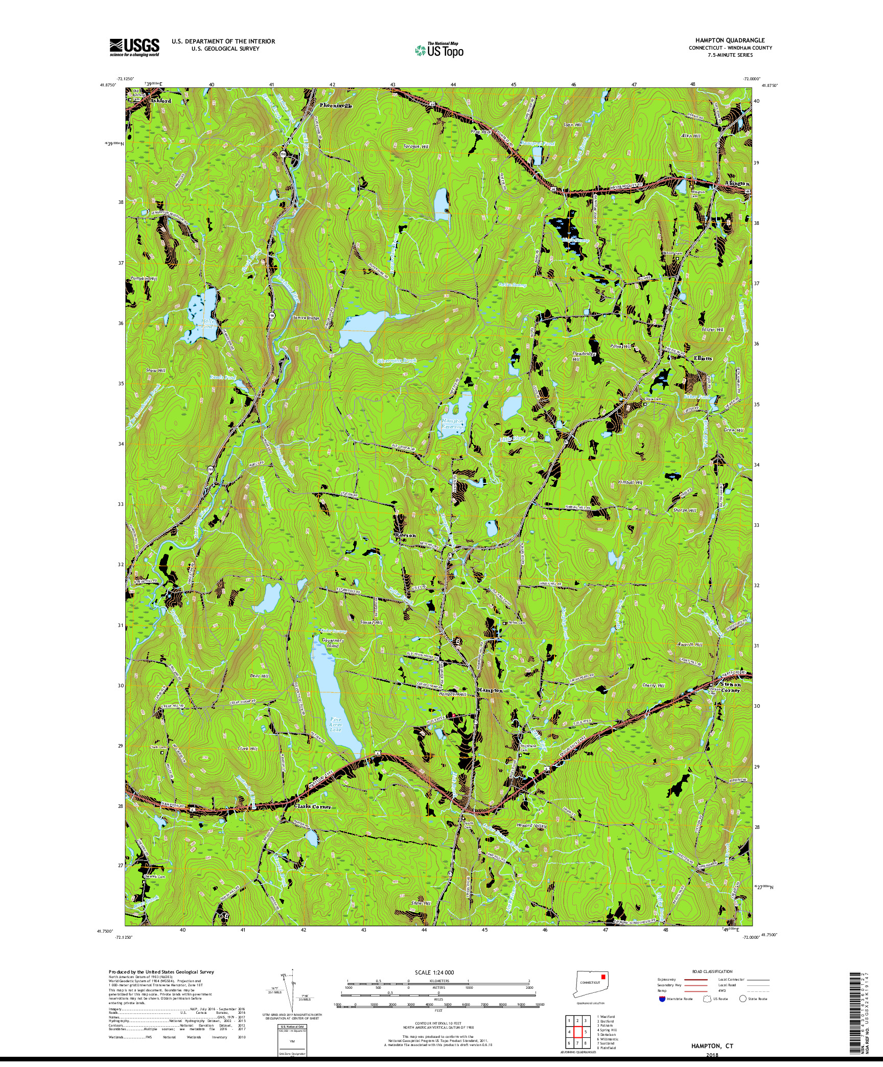 USGS US TOPO 7.5-MINUTE MAP FOR HAMPTON, CT 2018